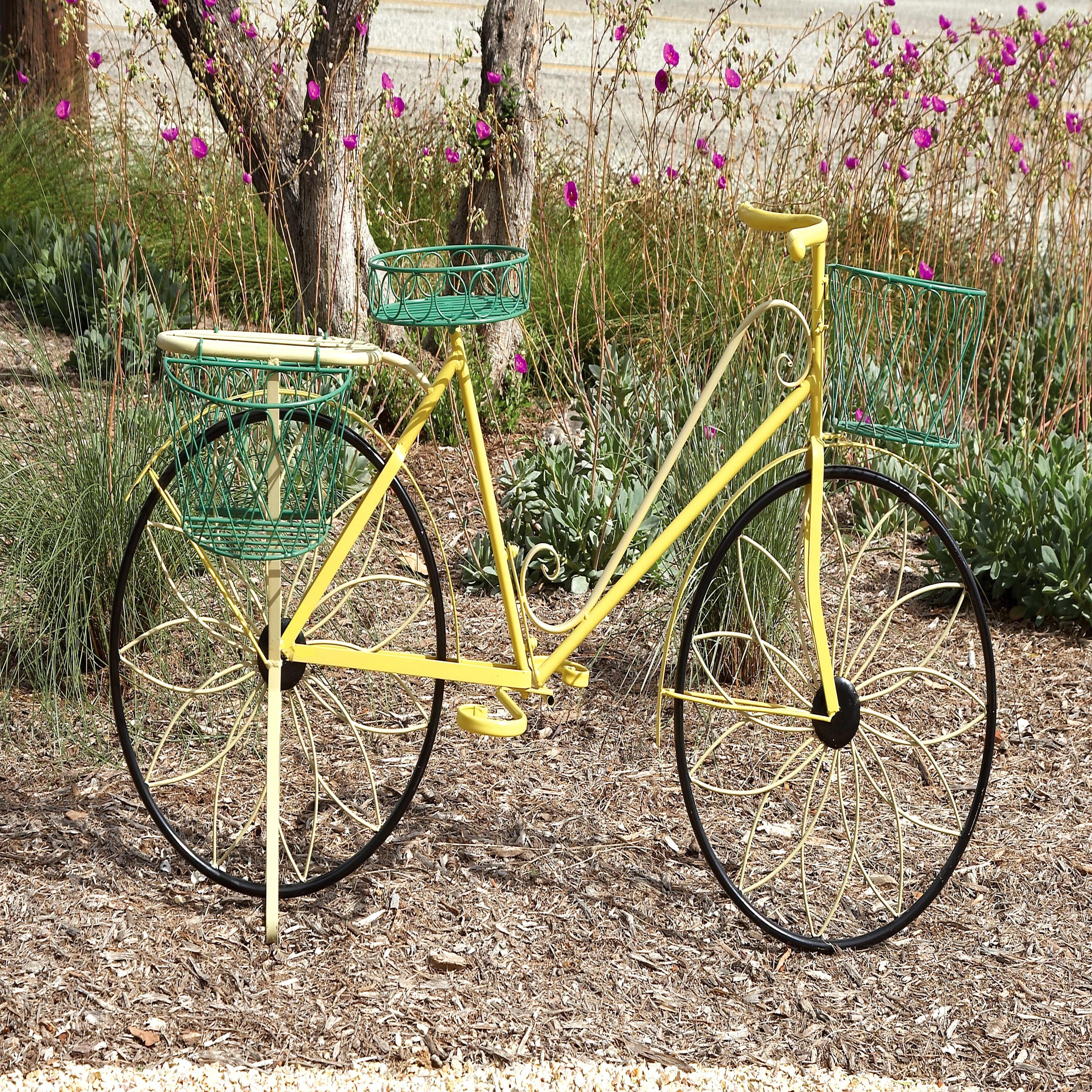 32" Traditional Iron Novelty Bicycle Plant Stand Yellow - Olivia & May: Metal Planter Pedestal, Weather-Resistant