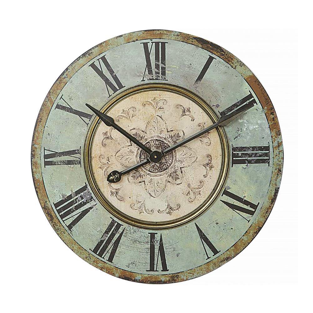 Woven Paths 29" Round Wood Wall Clock in Distressed Mint Finish