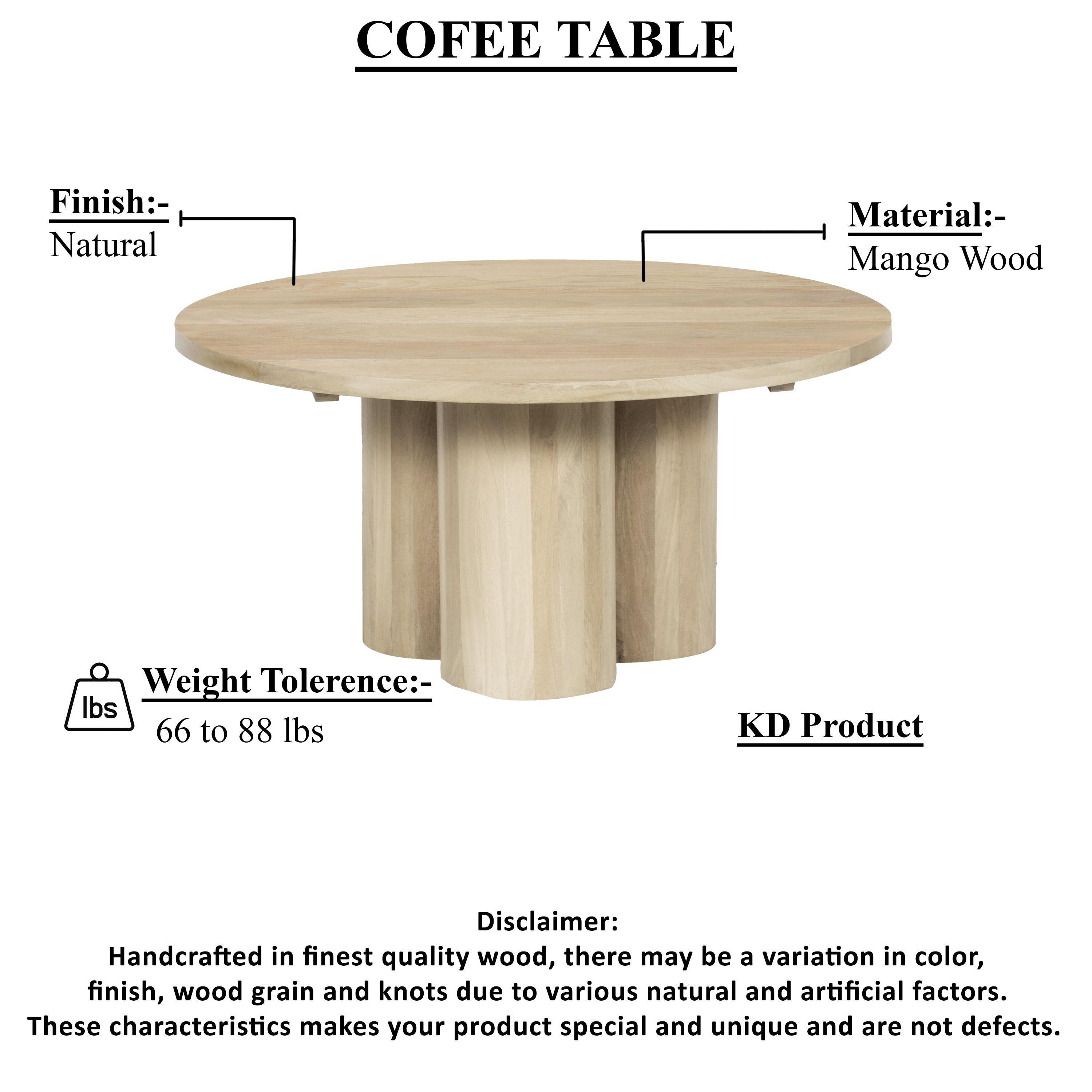 The Urban Port Hazel Coffee Table with 3 Pillar Legs, 35.5 Inch Round Top, Natural Brown Mango Wood