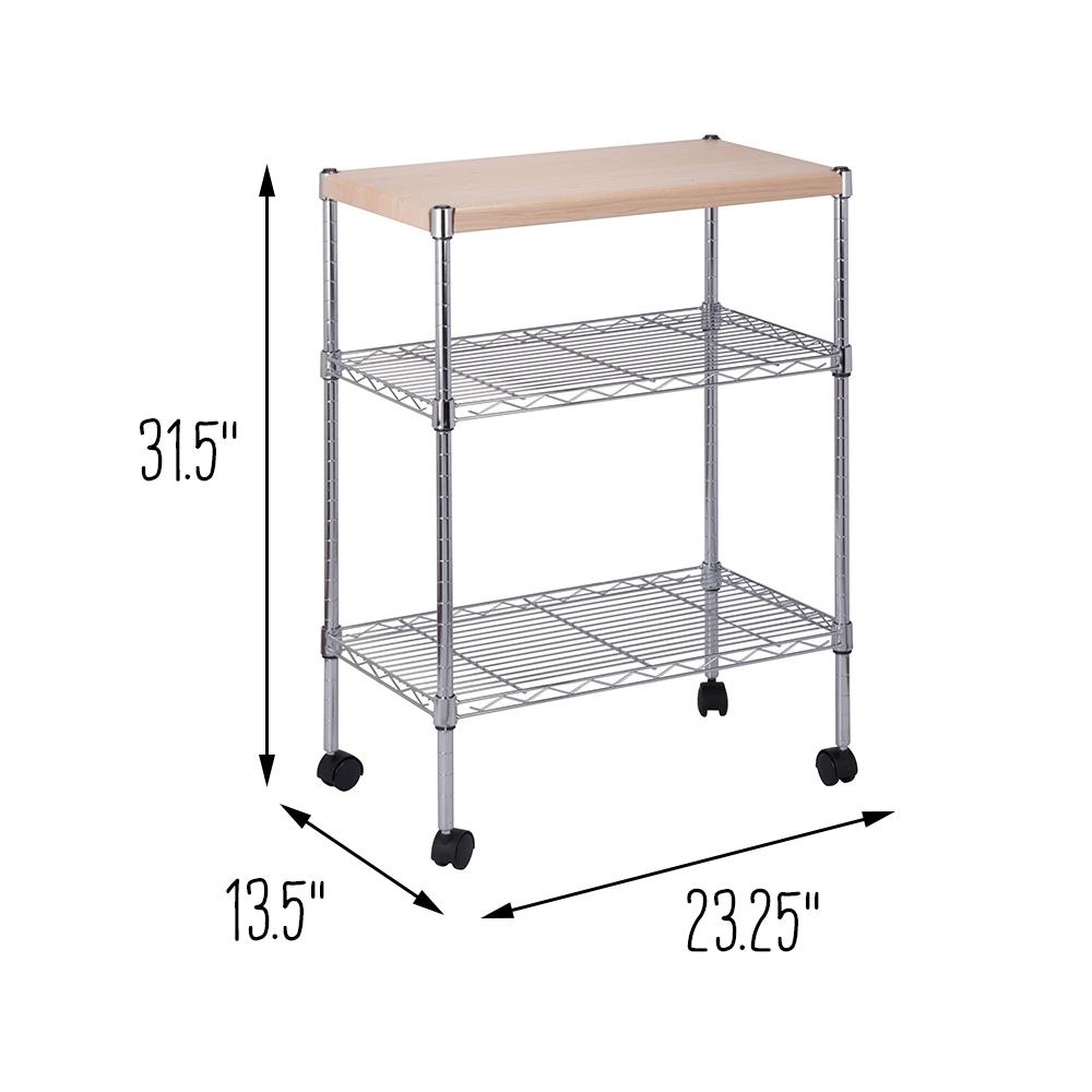 Honey-Can-Do 3-Tier Wood and Steel Rolling 23.23" L Kitchen Storage Cart, Chrome/Natural