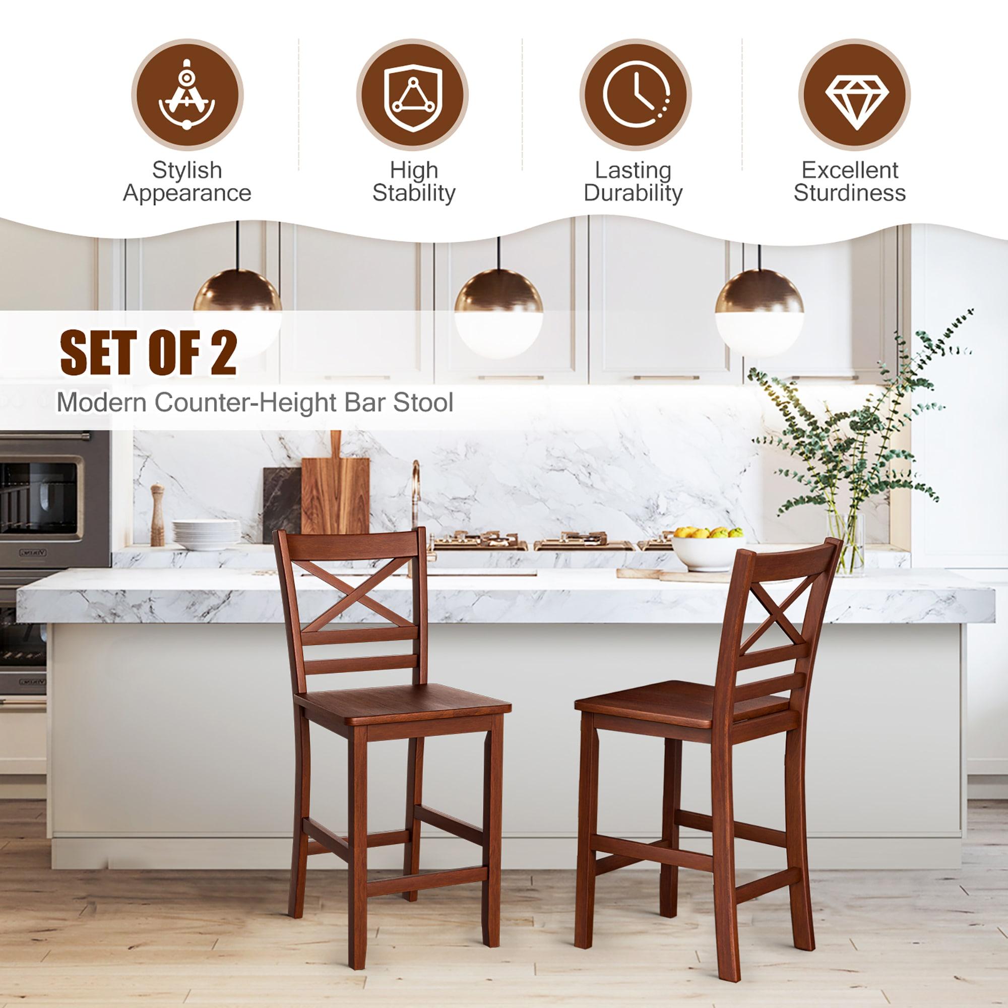 Costway Set of 2 Bar Stools 24'' Counter Height Chairs w/ Rubber Wood Legs Walnut