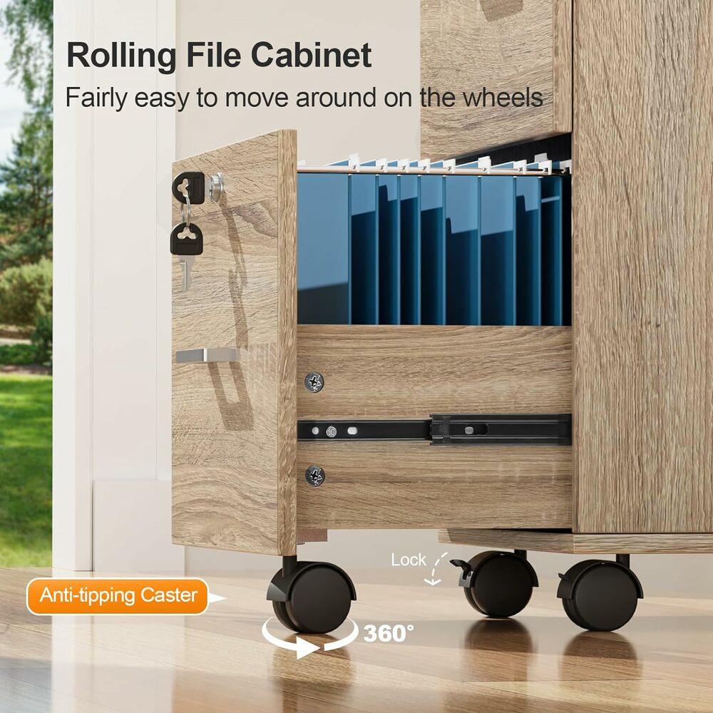 Ktaxon 3-Drawer Rolling Wood File Cabinet with Lock, Portable Vertical Mobile Wooden Storage, Business Filing Cabinet for Home Office,Oak