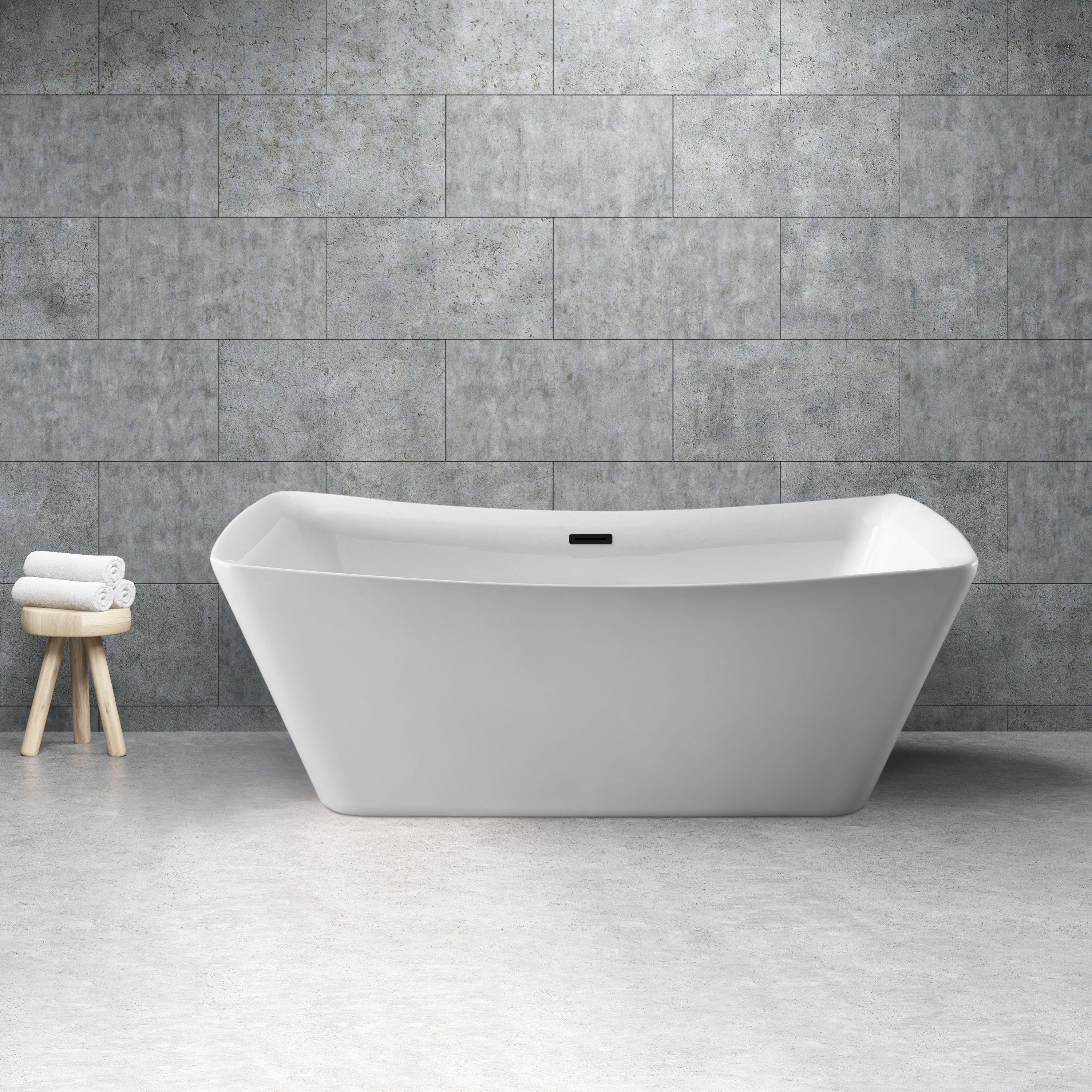 62" Streamline Freestanding Soaking Acrylic Bathtub With Drain and Bamboo Tray