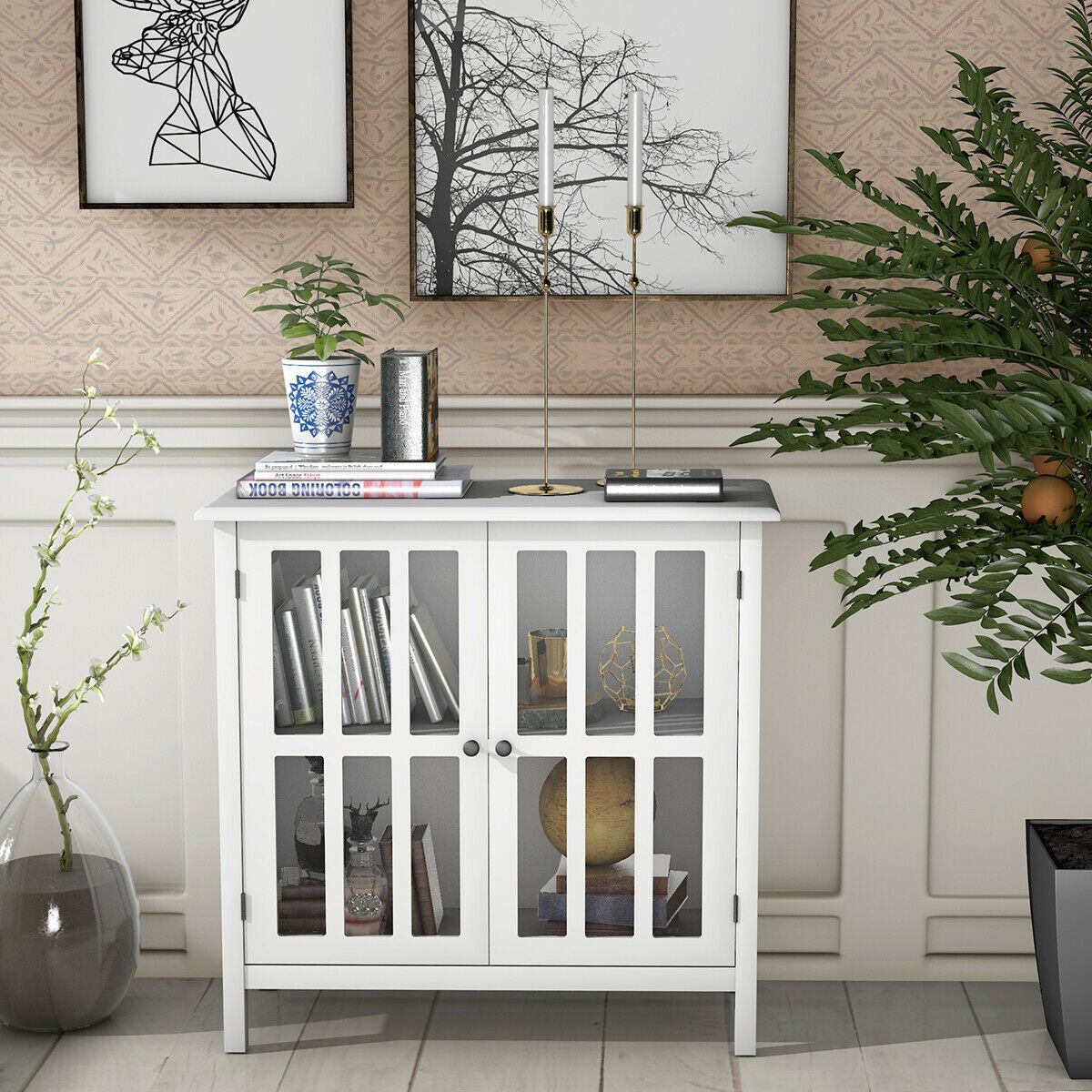 Costway 31'' Storage Buffet Cabinet Glass Door Sideboard Console Table Server Display White