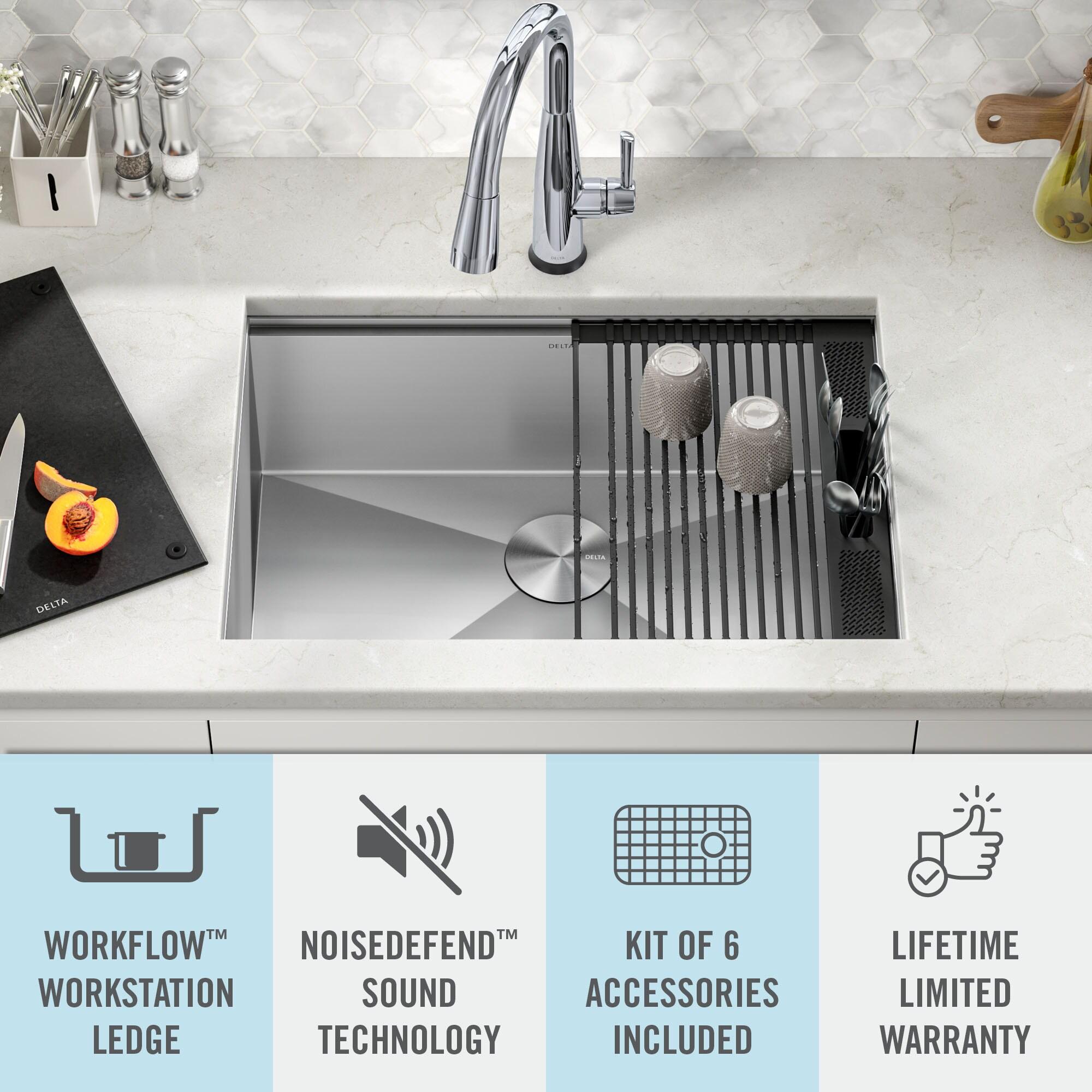 Delta Rivet™ 27" L Workstation Kitchen Sink Undermount 16 Gauge Stainless Steel Single Bowl with WorkFlow™ Ledge