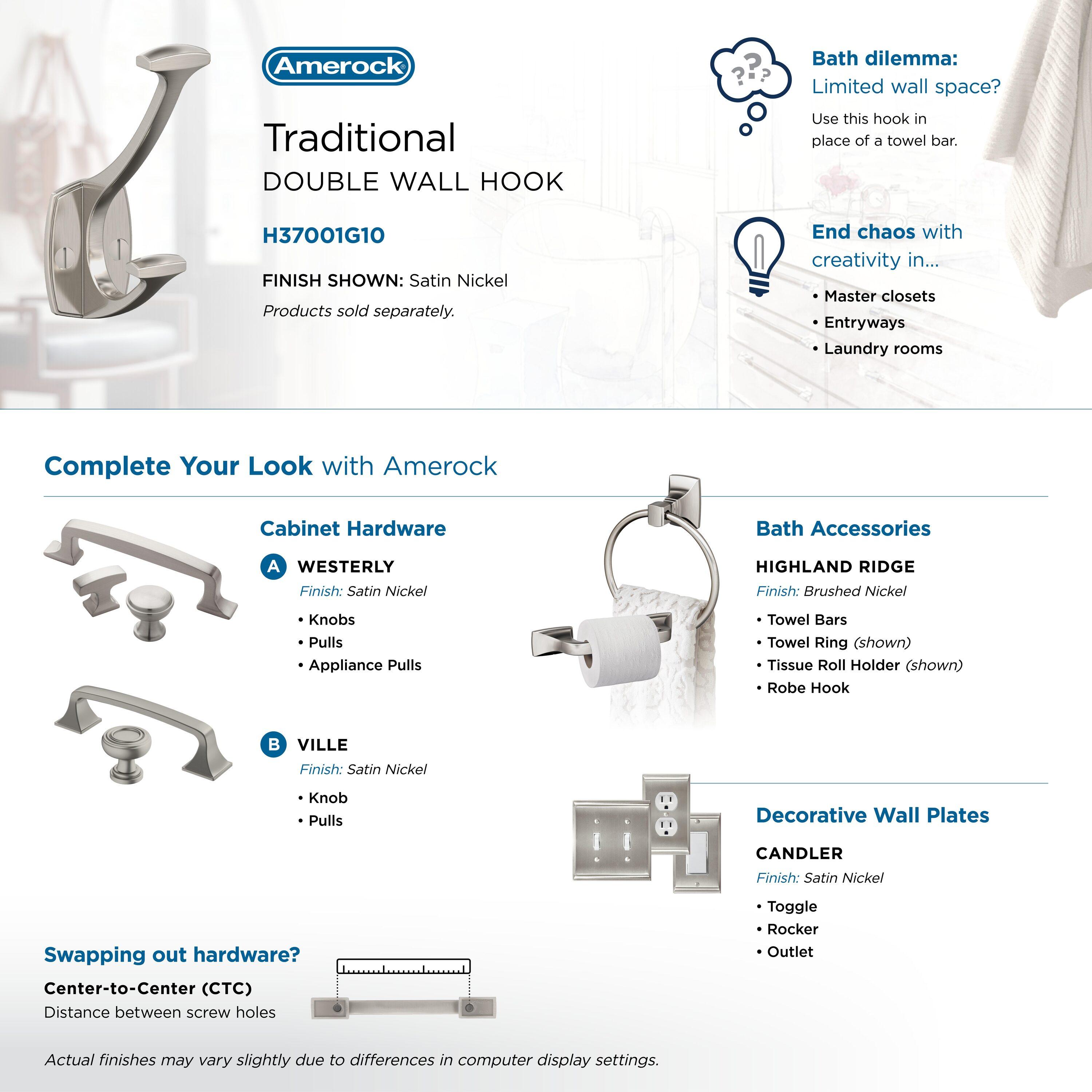 Amerock Vicinity Traditional Double Prong Satin Nickel Wall Hook