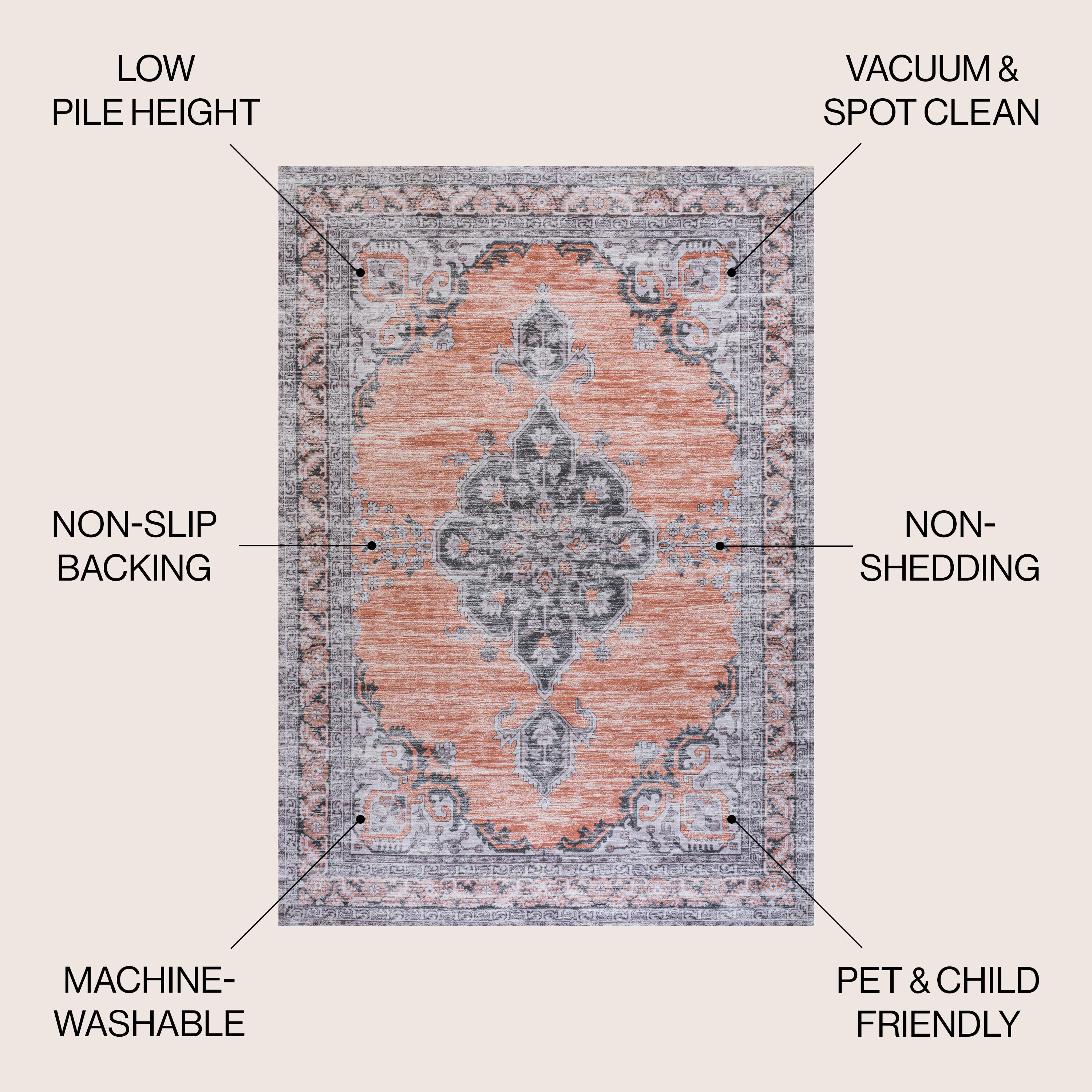 Wincer Chenille Cottage Medallion Machine-Washable Orange/Gray 5 ft. x 8 ft. Area Rug - JONATHAN Y