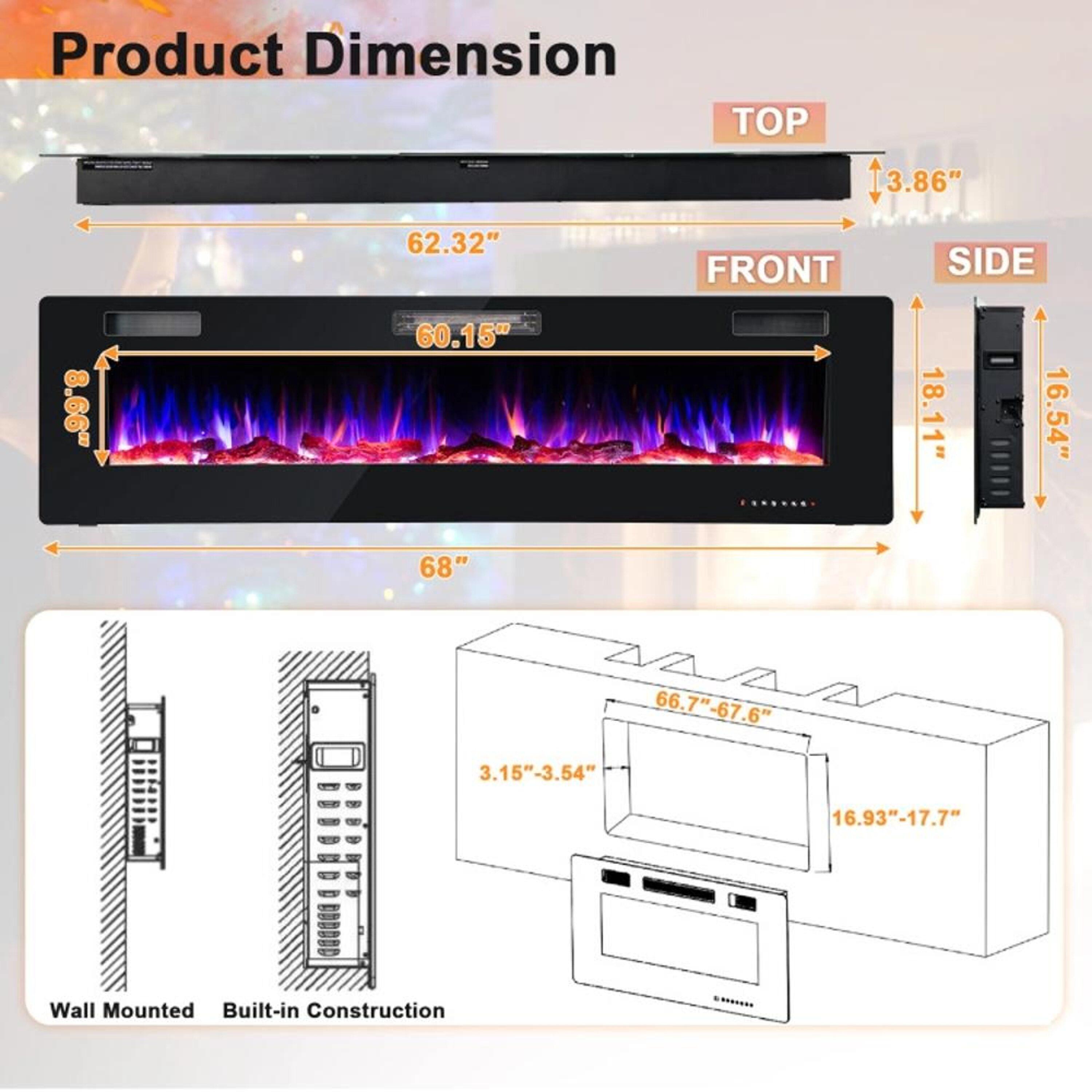 Costway 68'' Ultra-Thin Electric Fireplace Recessed Wall Mounted W/Crystal Log Decoration