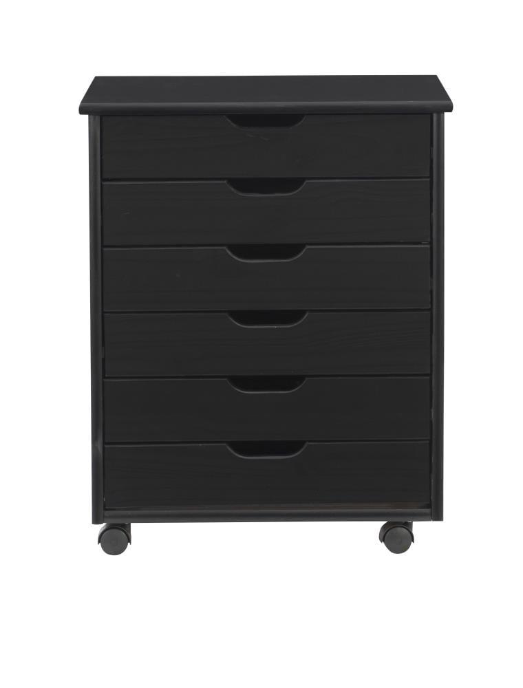 Cary Transitional 6 Drawer Solid Wood Contoured Handle Cut Out Wide Roll Cart Black - Linon: Pine Frame, Farmhouse Style, Portable Storage
