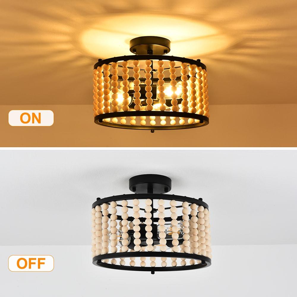 GoYeel Semi Flush Mount Ceiling Light Fixtures 3-Light Wooden Beaded Chandeliers Farmhouse Black
