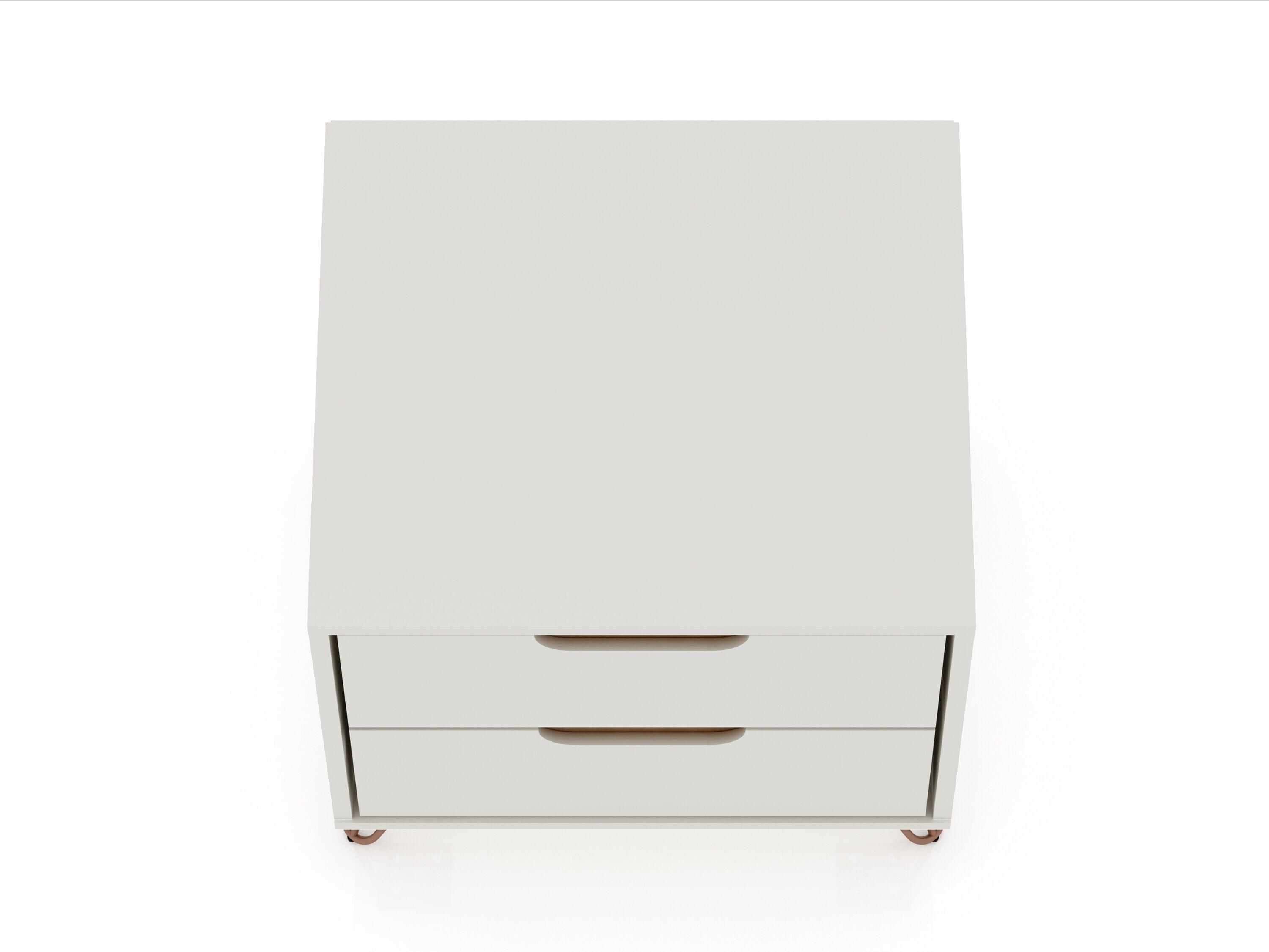 Manhattan Comfort 2.0 Rockefeller Nightstand Off White/Natural: Mid-Century Design, Splayed Metal Legs, Dual Drawers