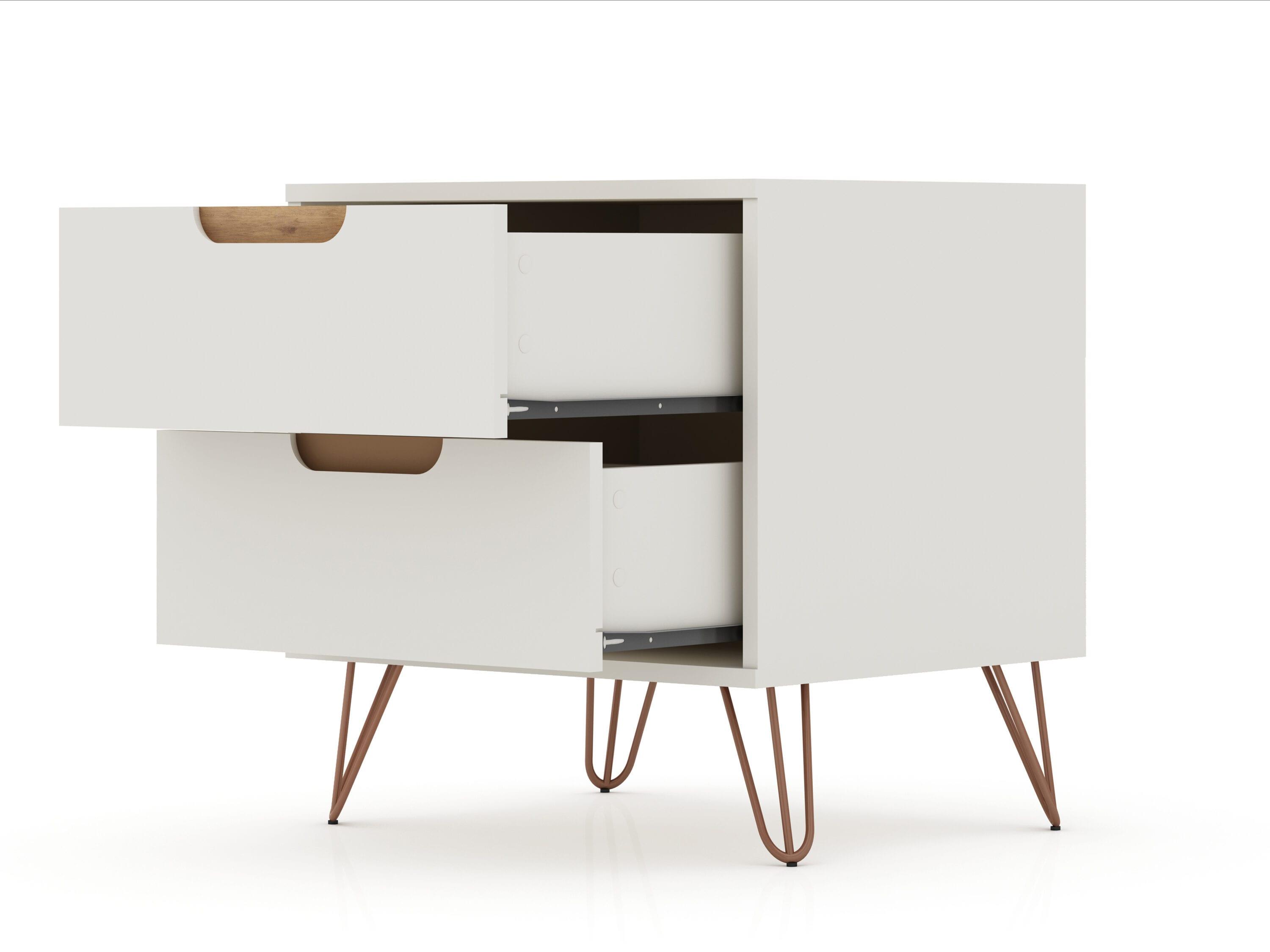 Manhattan Comfort 2.0 Rockefeller Nightstand Off White/Natural: Mid-Century Design, Splayed Metal Legs, Dual Drawers