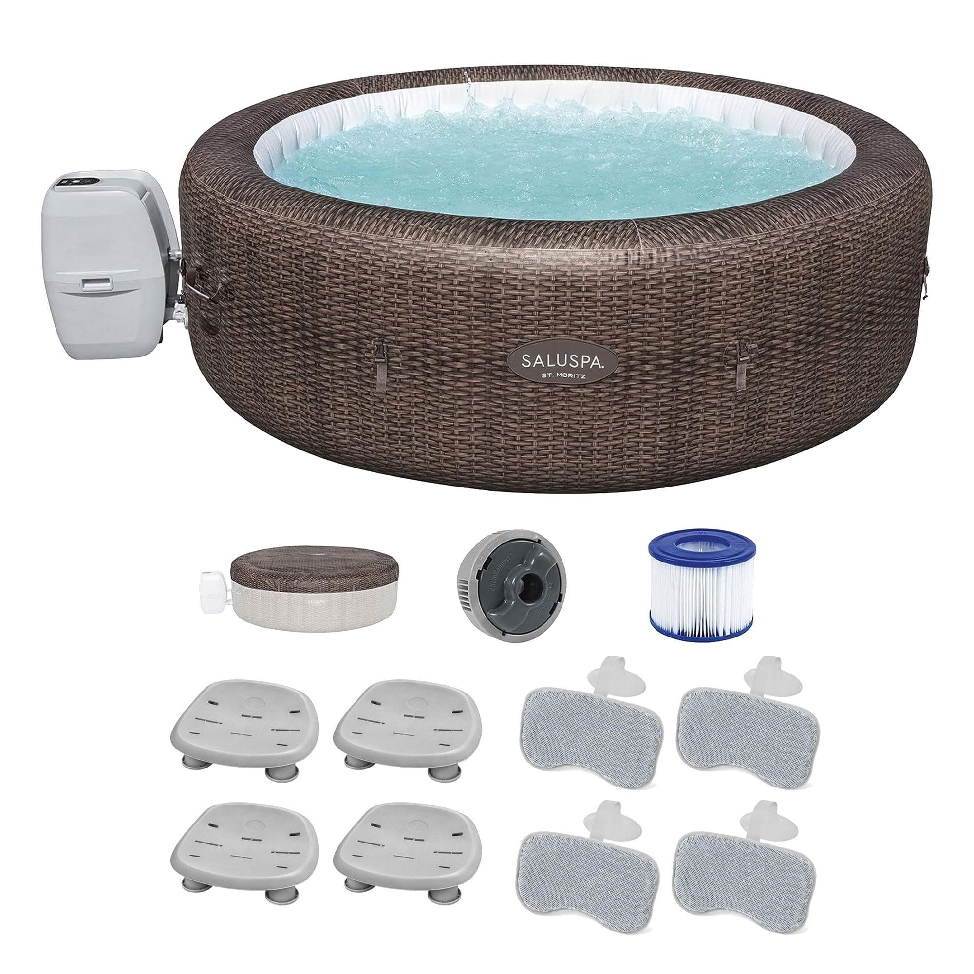 Bestway SaluSpa St Moritz AirJet Hot Tub with Set of 4 Non Slip Pool and Spa Seats and Set of 4 Padded Headrest Pillows with Adjustable Strap, Brown