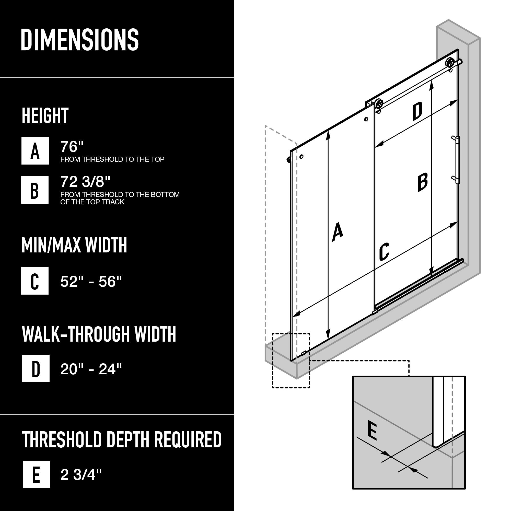 Cass 52-56" W x 76" H Sliding Frameless Shower Door with 3/8" Clear Glass