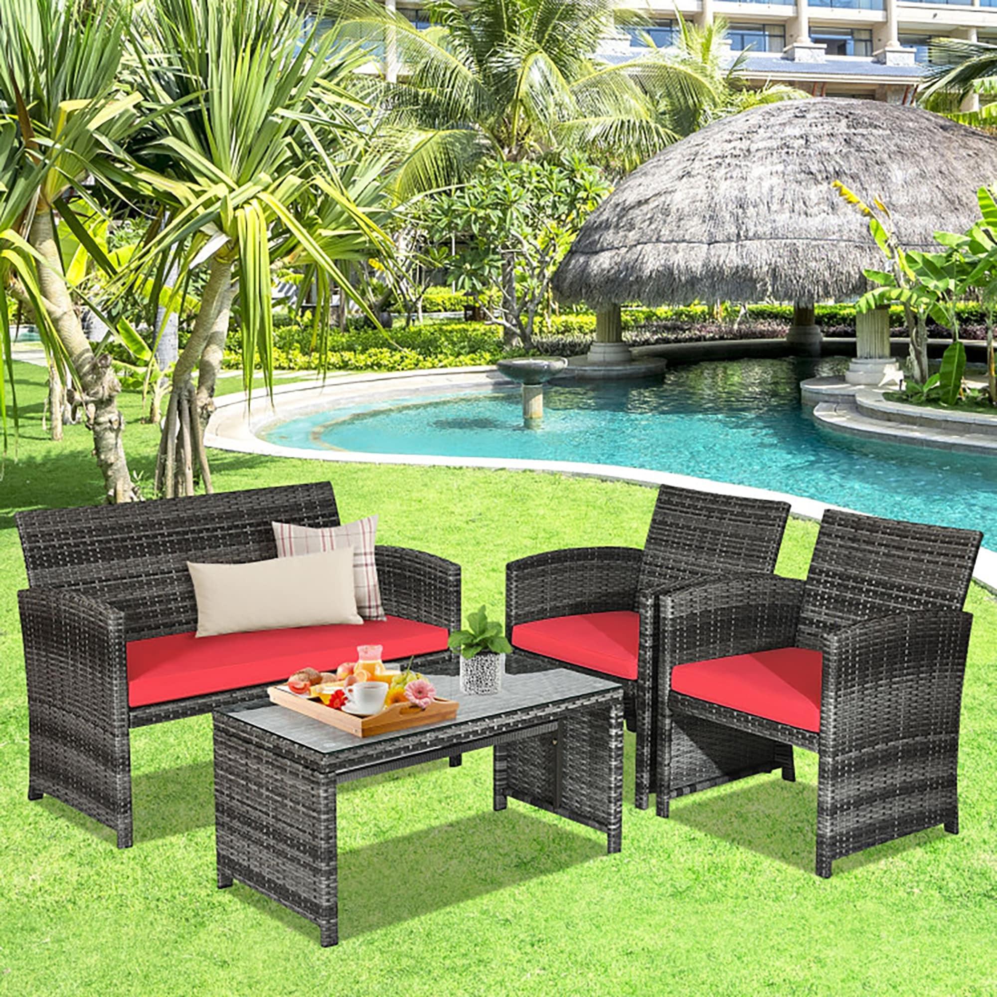 Aimee Lii 4 Pieces Wicker Patio Furniture Set with Cushions, Wicker Outdoor Sectional, Red