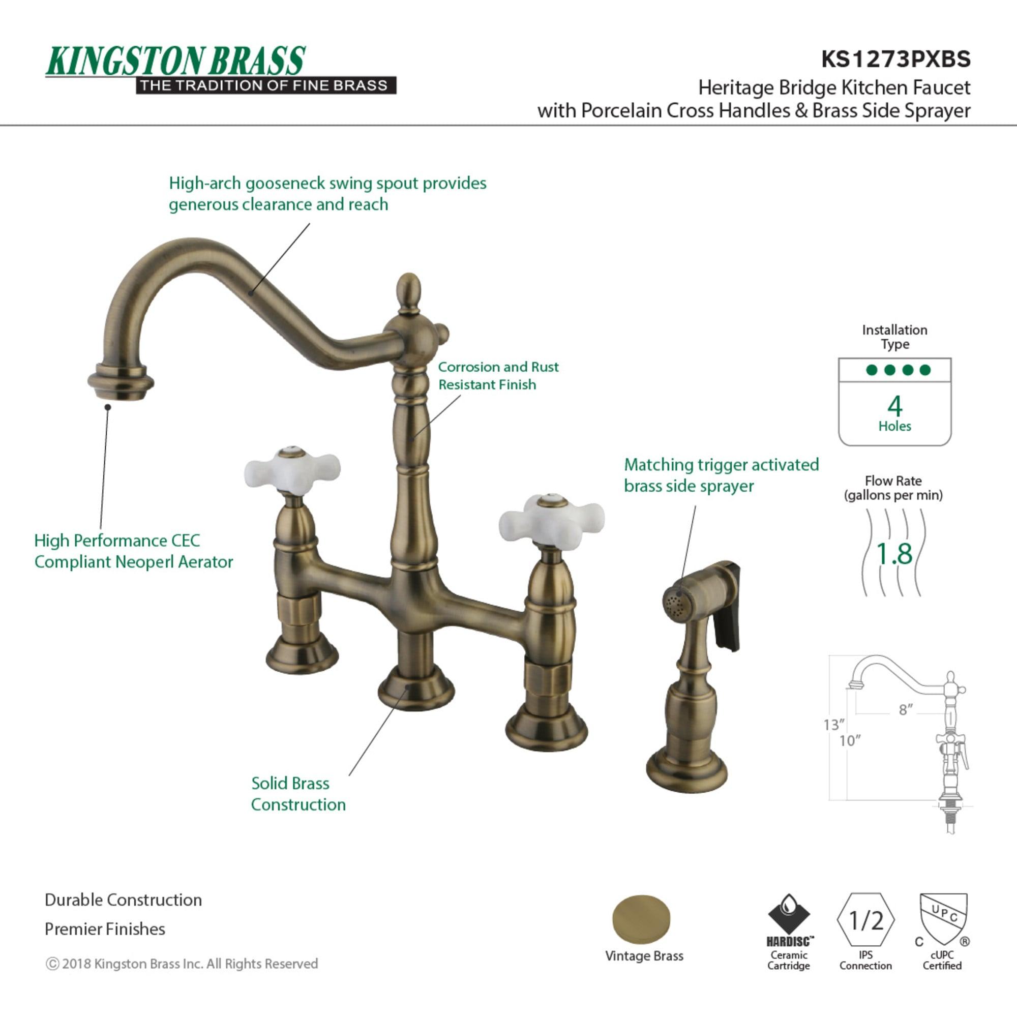 Kingston Brass Heritage Two-Handle 4-Hole Deck Mount Bridge Kitchen Faucet with Brass Side Sprayer