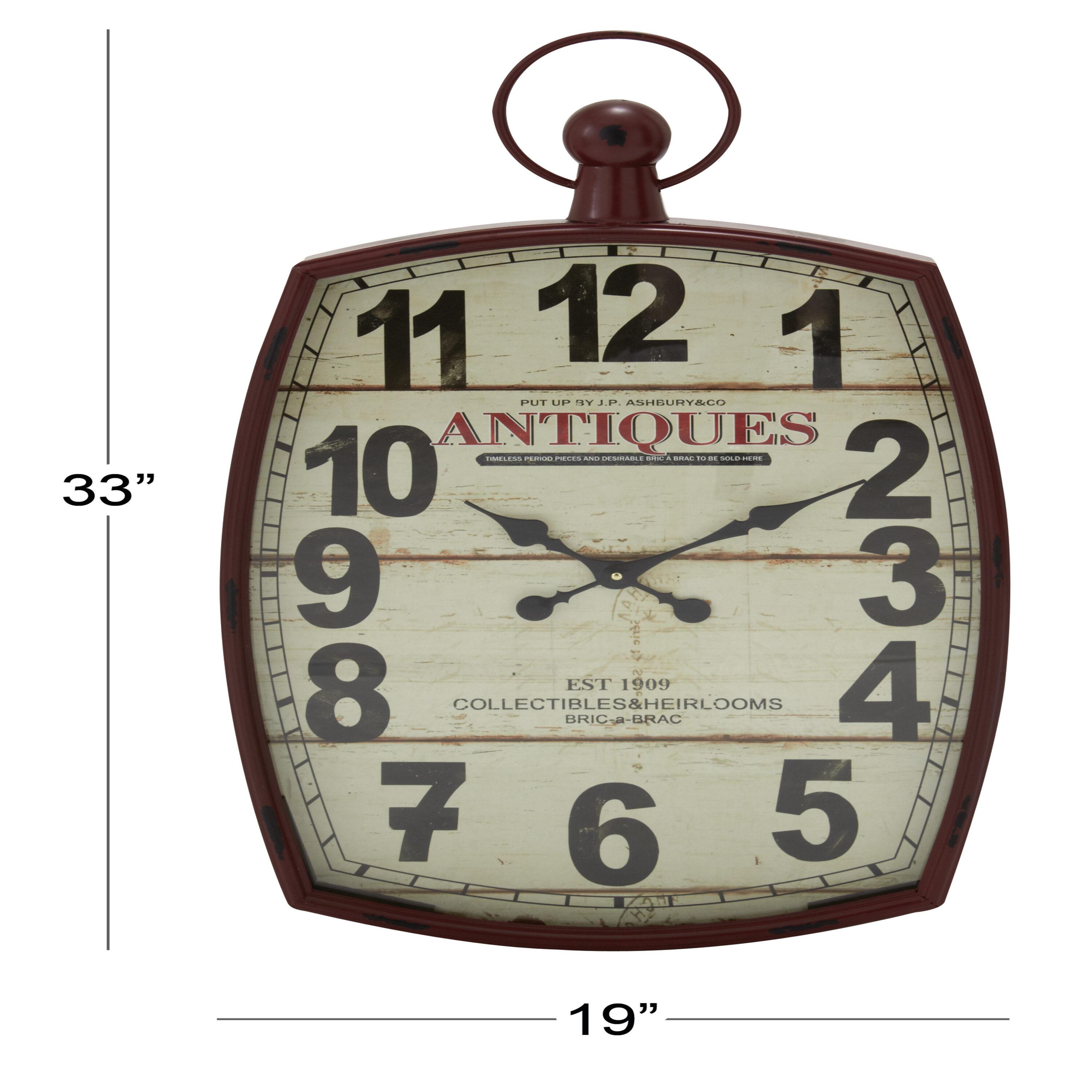 DecMode 19" x 33" Red Metal Pocket Watch Style Wall Clock