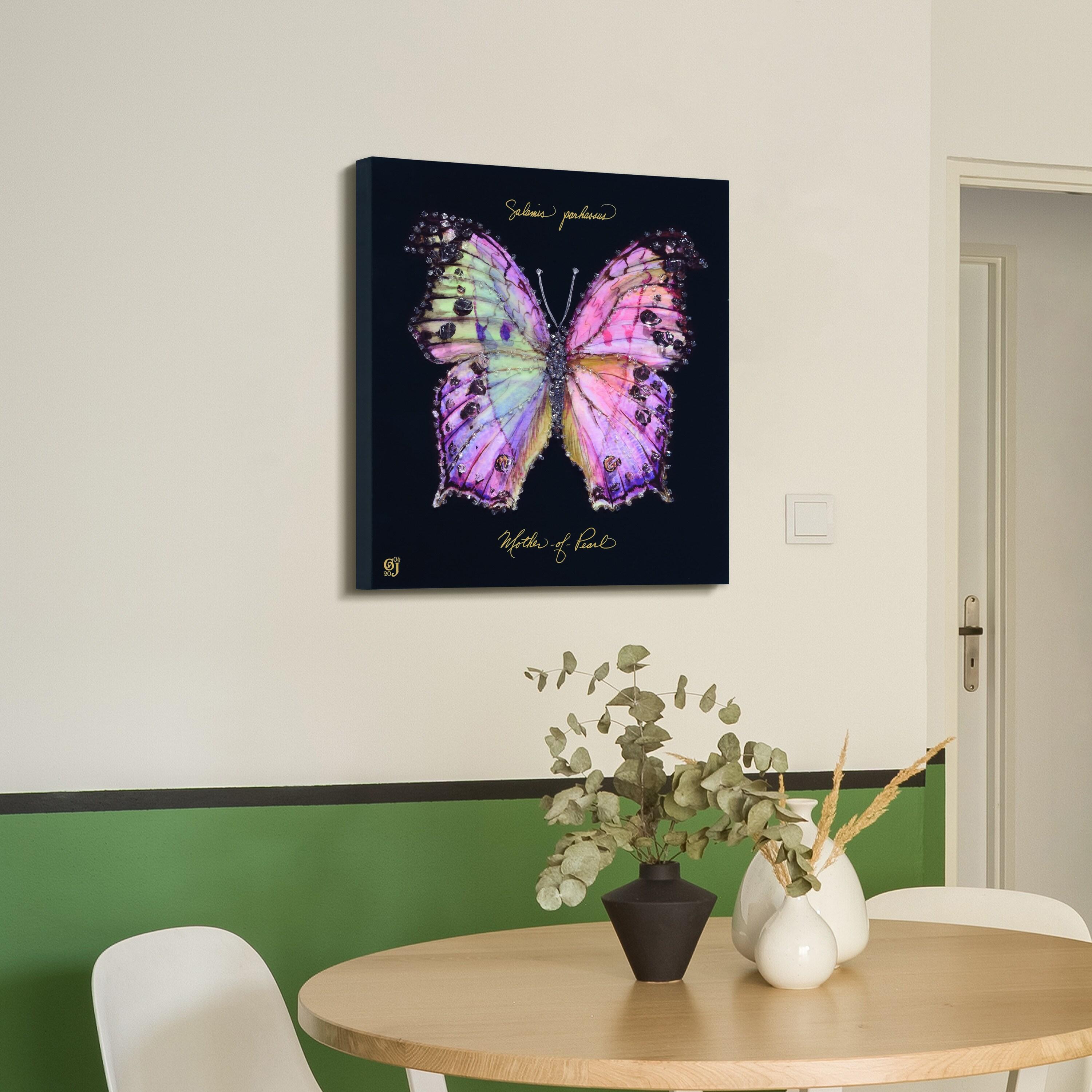 "Pink Monarch Elegance" Crystallus Epoxy Coated Wrapped Glossy Butterfly Canvas Wall Art with Heavy Acrylic Crystal Shards Embellishments