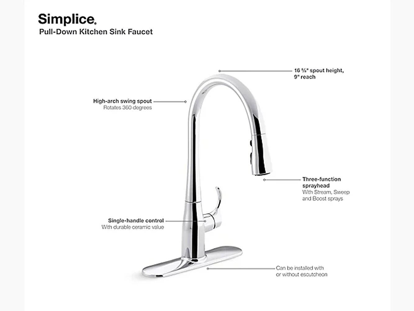 Kohler Simplice Single Handle Pull Down Kitchen Sink Faucet with Three-Function Pull Down Sprayer