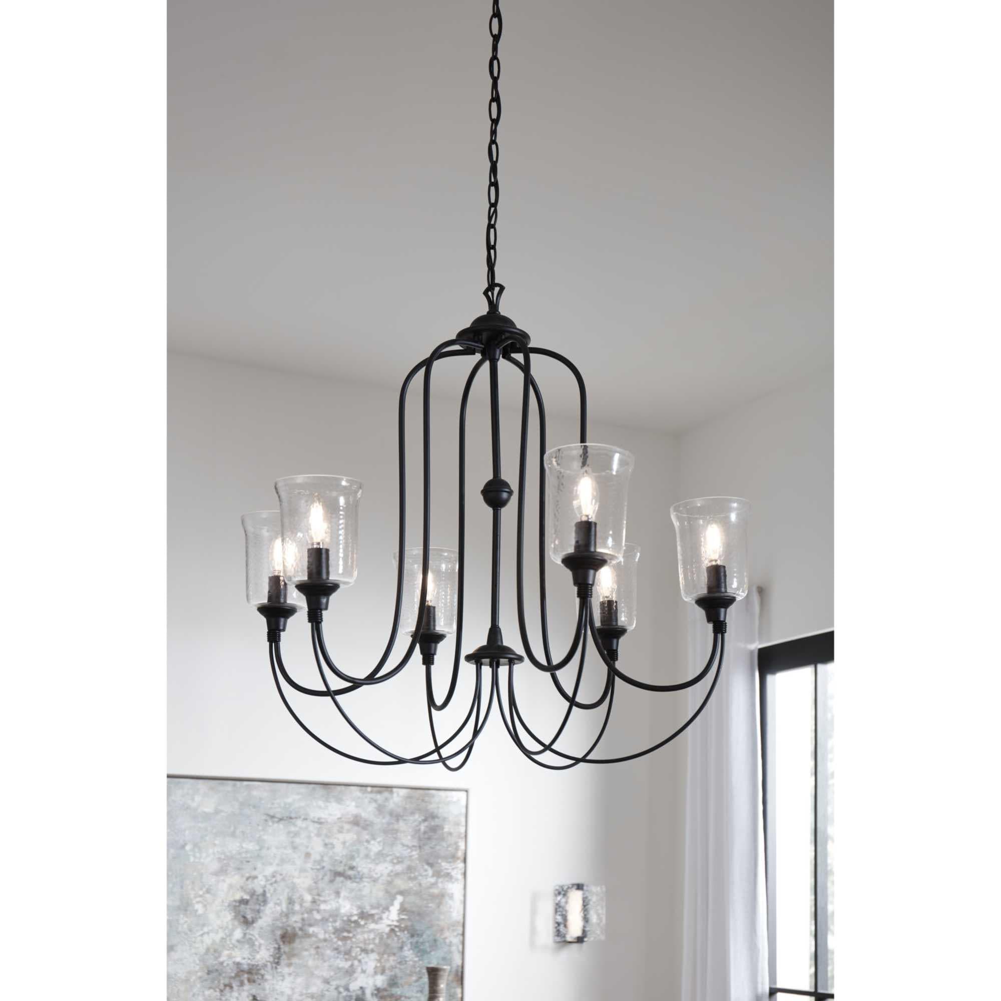 Bowman Collection Six-Light Matte Black Clear Chiseled Glass Coastal Chandelier Light