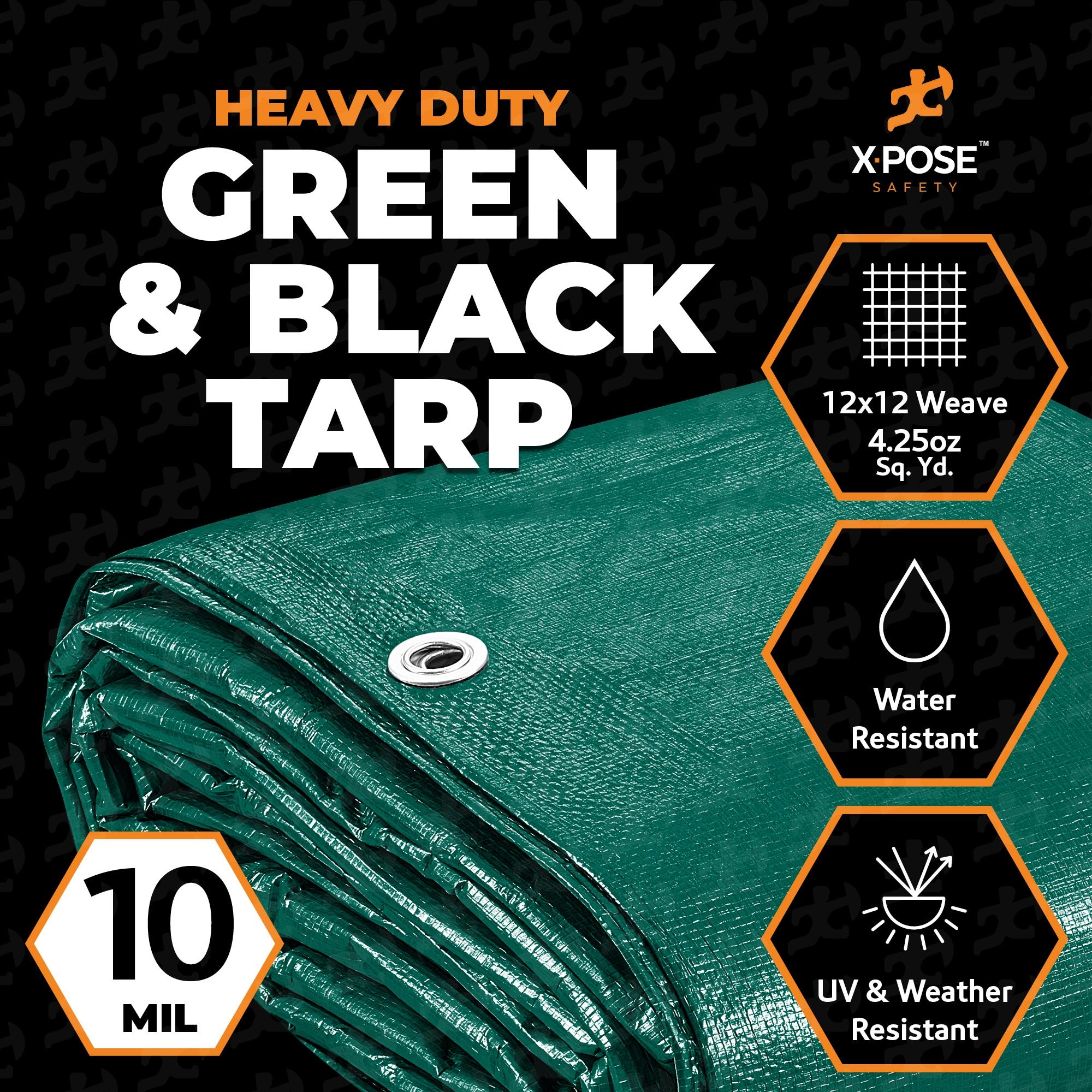 Heavy Duty Poly Tarp 12 Feet x 25 Feet 10 Mil Thick Waterproof, UV Blocking Protective Cover - Reversible Green and Black - Laminated Coating - Rustproof Grommets - by Xpose Safety