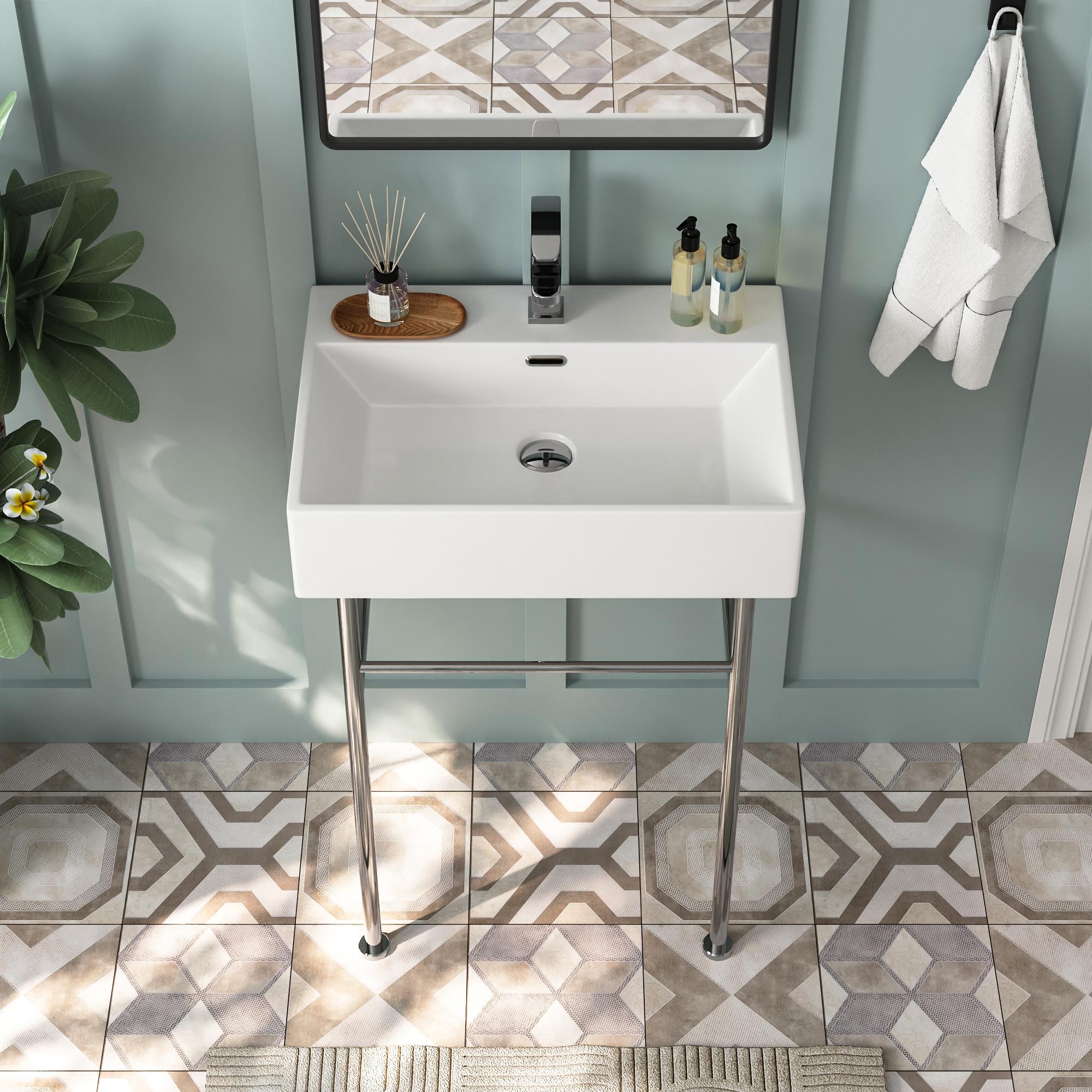 Ceramic White Rectangular Single Faucet Hole 24 in Console Bathroom Sink with Overflow