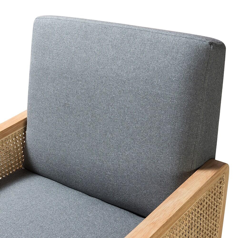 Farmhouse Accent Chair Rattan Armrests Fabric Upholstered Wooden Reading Armchair Living Bedroom Blue