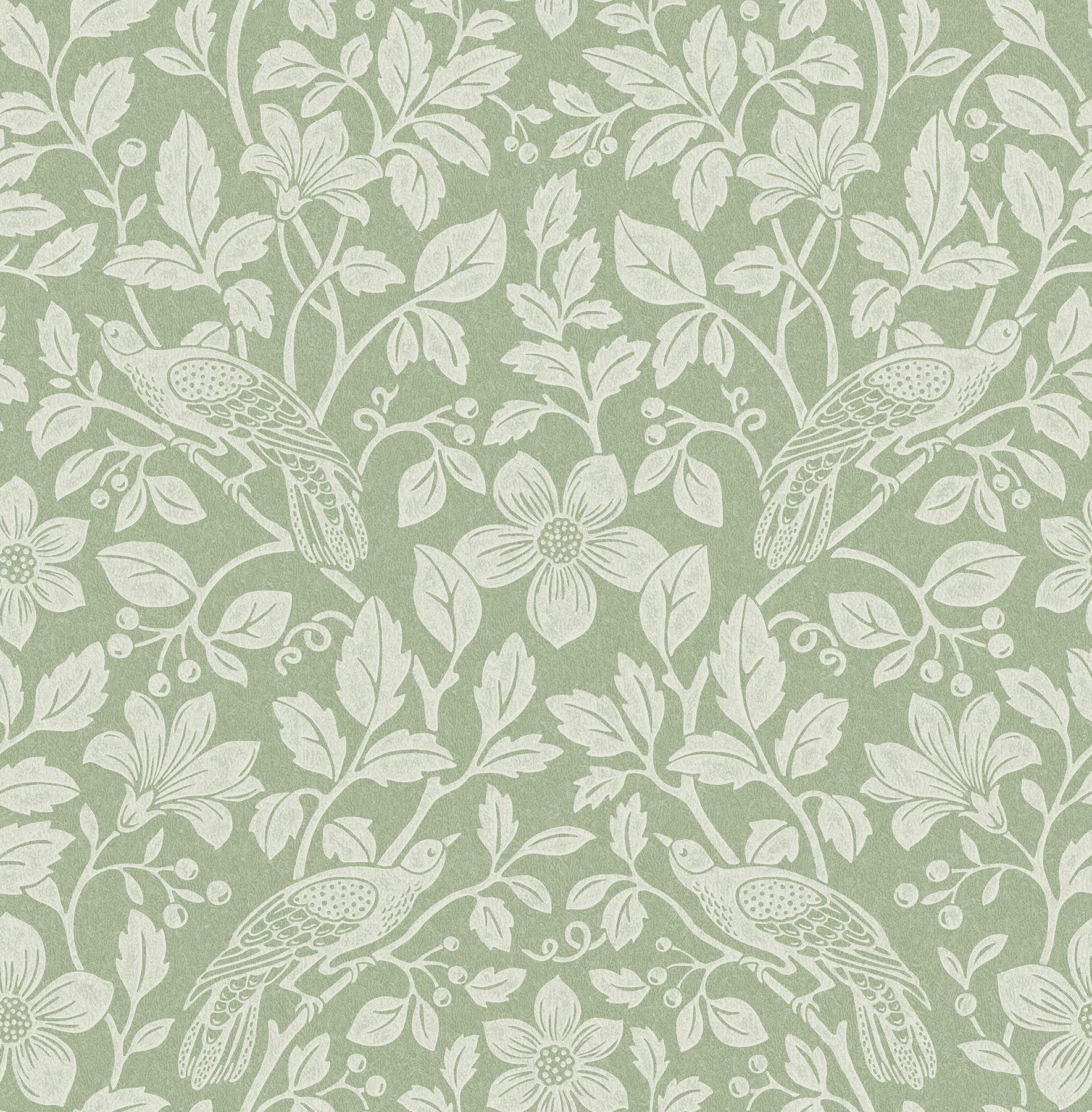 Green and White Non-Woven Botanical Bird Vine Wallpaper