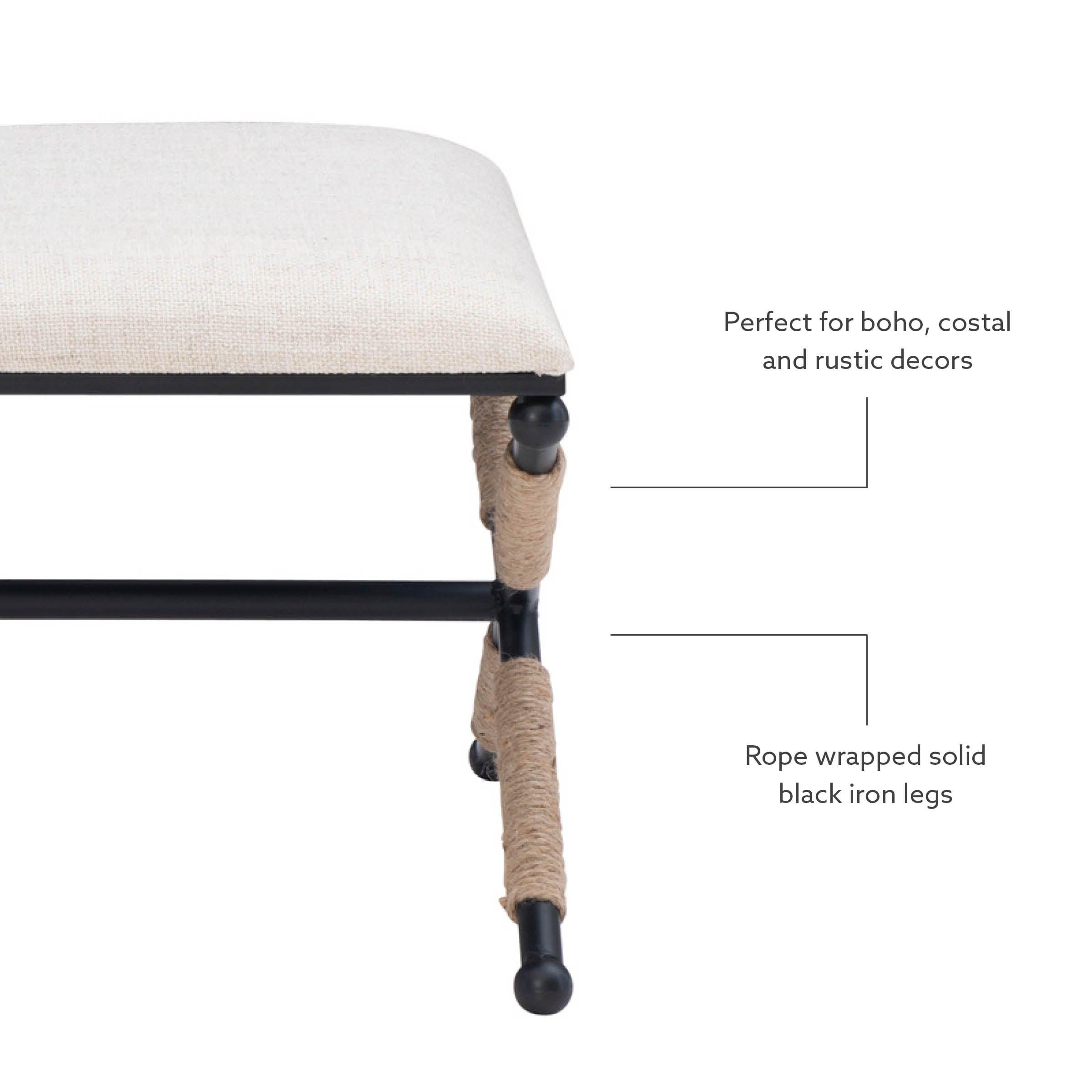 24" Ashburn Boho Rope Wrapped Campaign Accent Stool Ottoman Buff Beige Linen - Linon: Vanity, Bedroom Bench