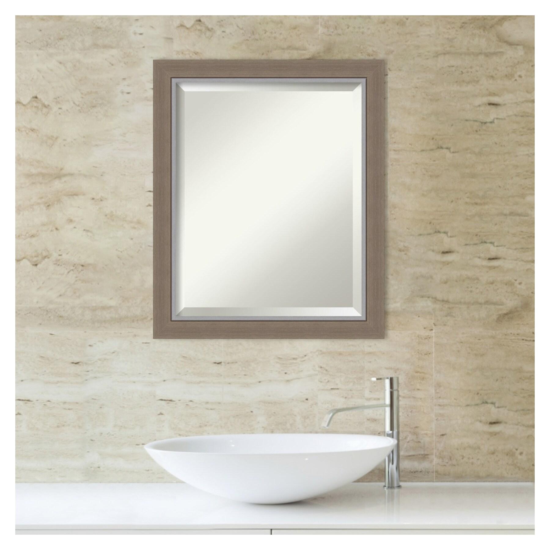 Amanti Art Beveled Bathroom Wall Mirror - Eva Narrow Frame Eva Brown Narrow Outer Size: 19 x 23 in Silver, Brown