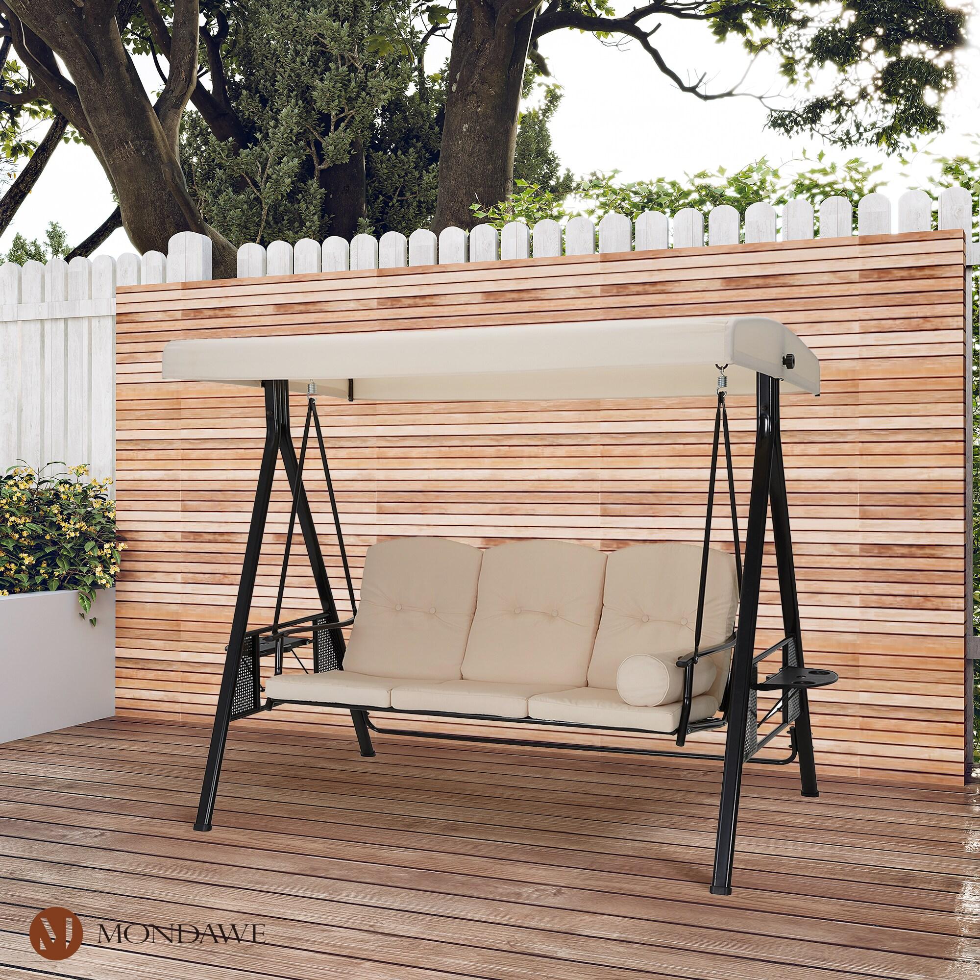 Outsunny 3-Seat Outdoor Patio Swing with Adjustable Tilt Canopy, Cushions, Pillow, Steel Frame, Side Tray, Cup Holder, Beige