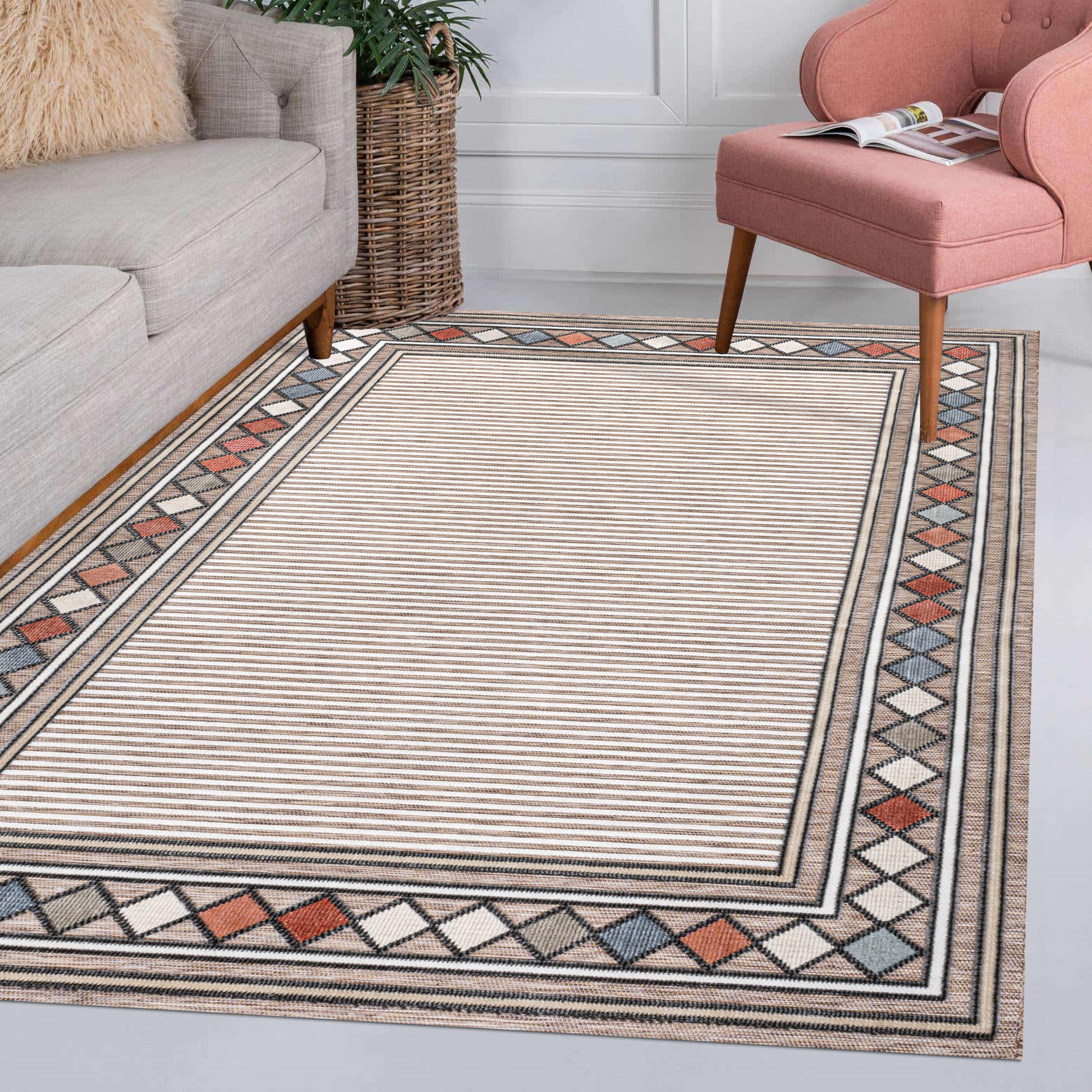 JONATHAN Y Sebastian High-Low Modern Diamond Border Brown/Ivory 3 ft. x 5 ft. Indoor/Outdoor Area Rug
