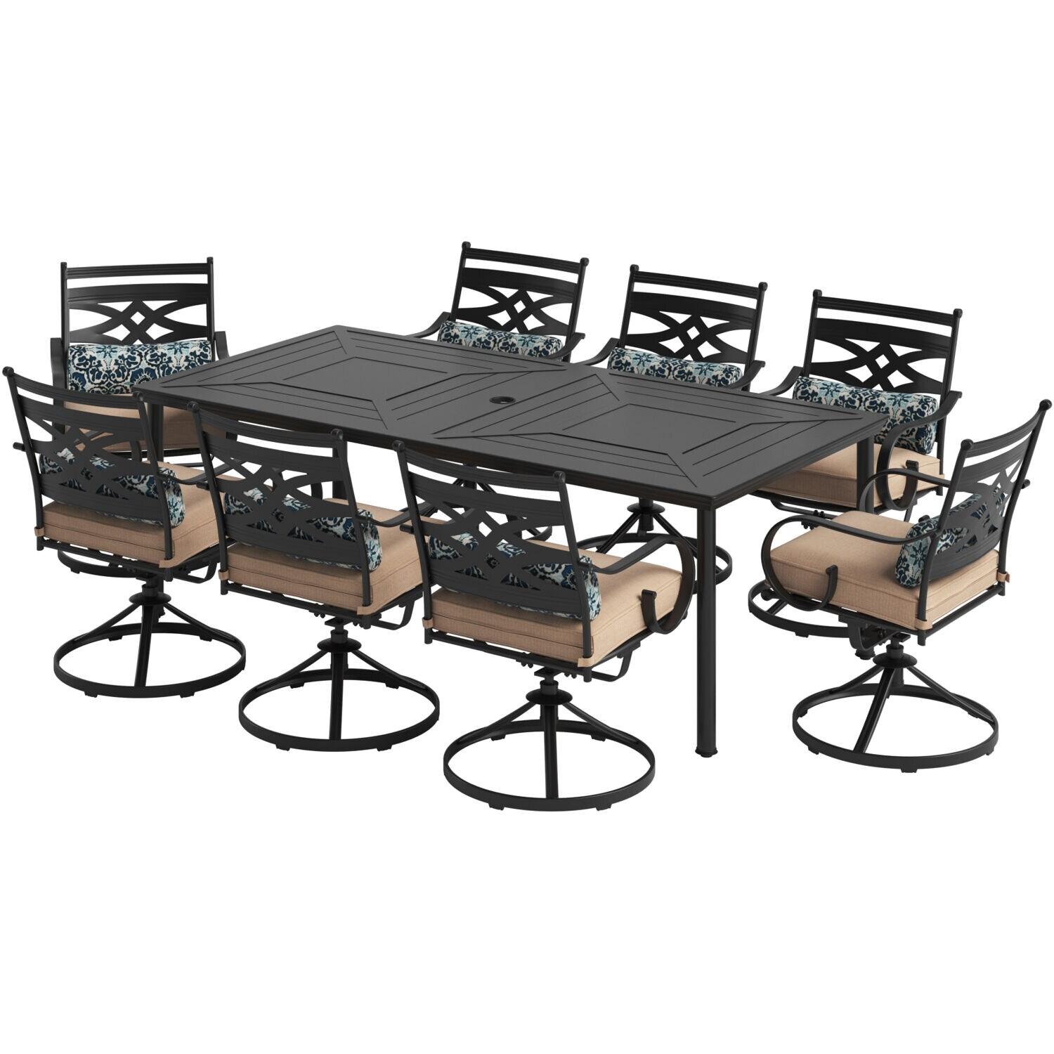Hanover Montclair 9-Piece All-Weather Outdoor Patio Dining Set, 8 Swivel Rocker Chairs with Comfortable Seat and Lumbar Cushions, 84"x42" Stamped Rectangle Table, MCLRDN9PCSW8-TAN