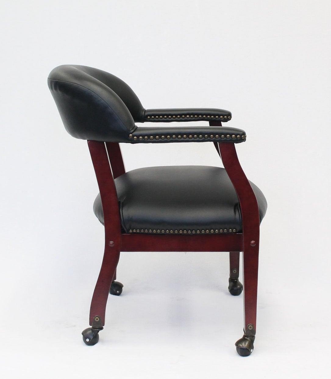 Captain's Chair with Casters Black - Boss Office Products: Mahogany Base, Vinyl Upholstery, Brass Castors