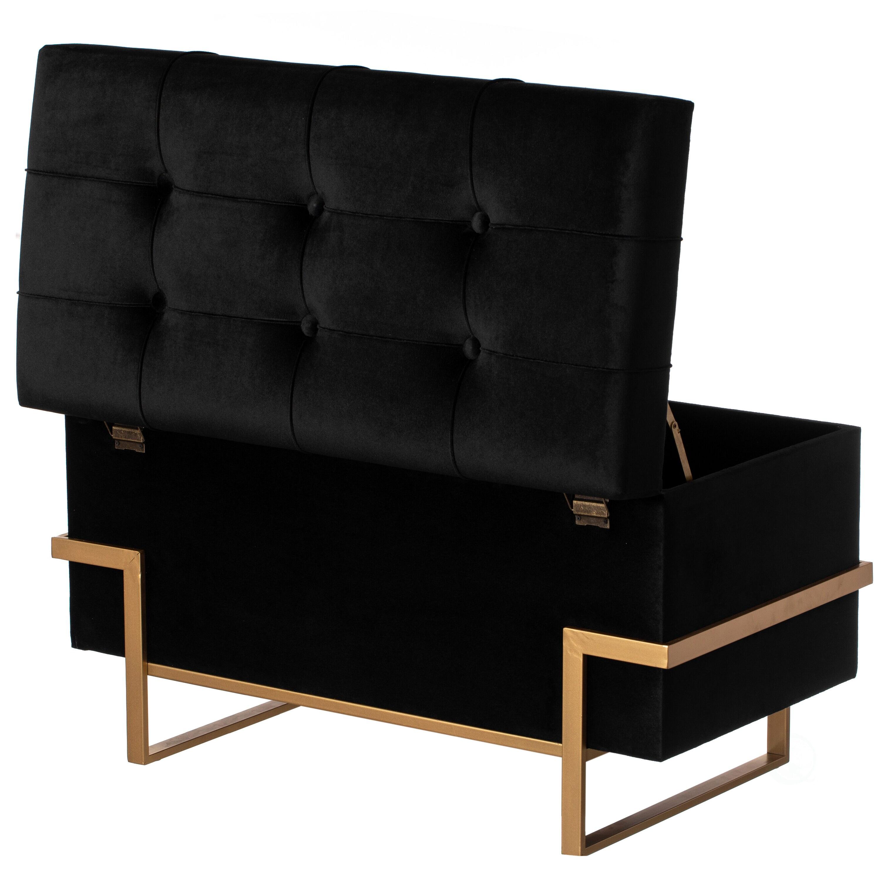 Fabulaxe Rectangle Velvet Storage Ottoman with Abstract Golden Legs | Sitting Bench for Living Room Home Decor with Unique Base Support (Black Large)