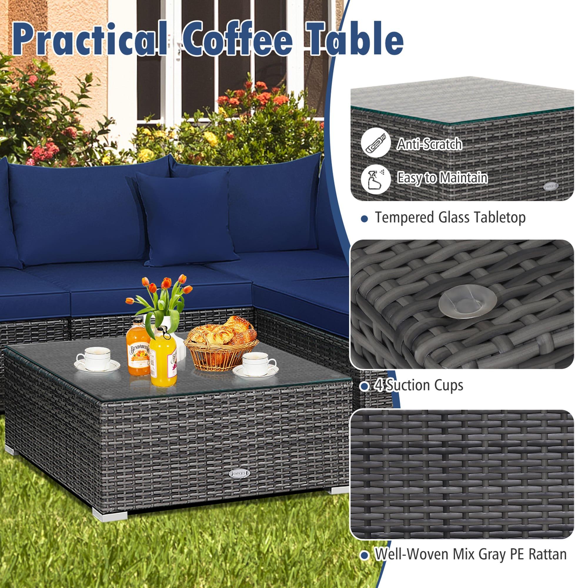 Costway 7PCS Patio Rattan Furniture Set Sectional Sofa Cushioned Garden Navy