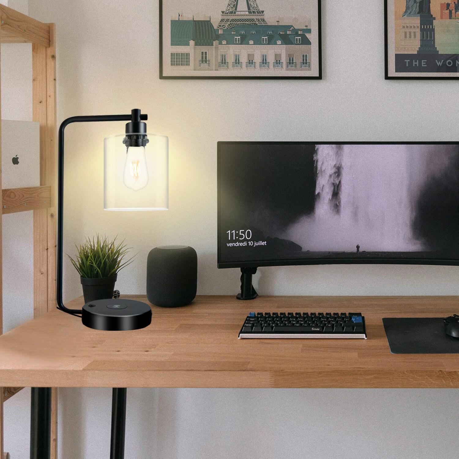 19" Clear Table Lamp with Wireless Charger and Glass Shade