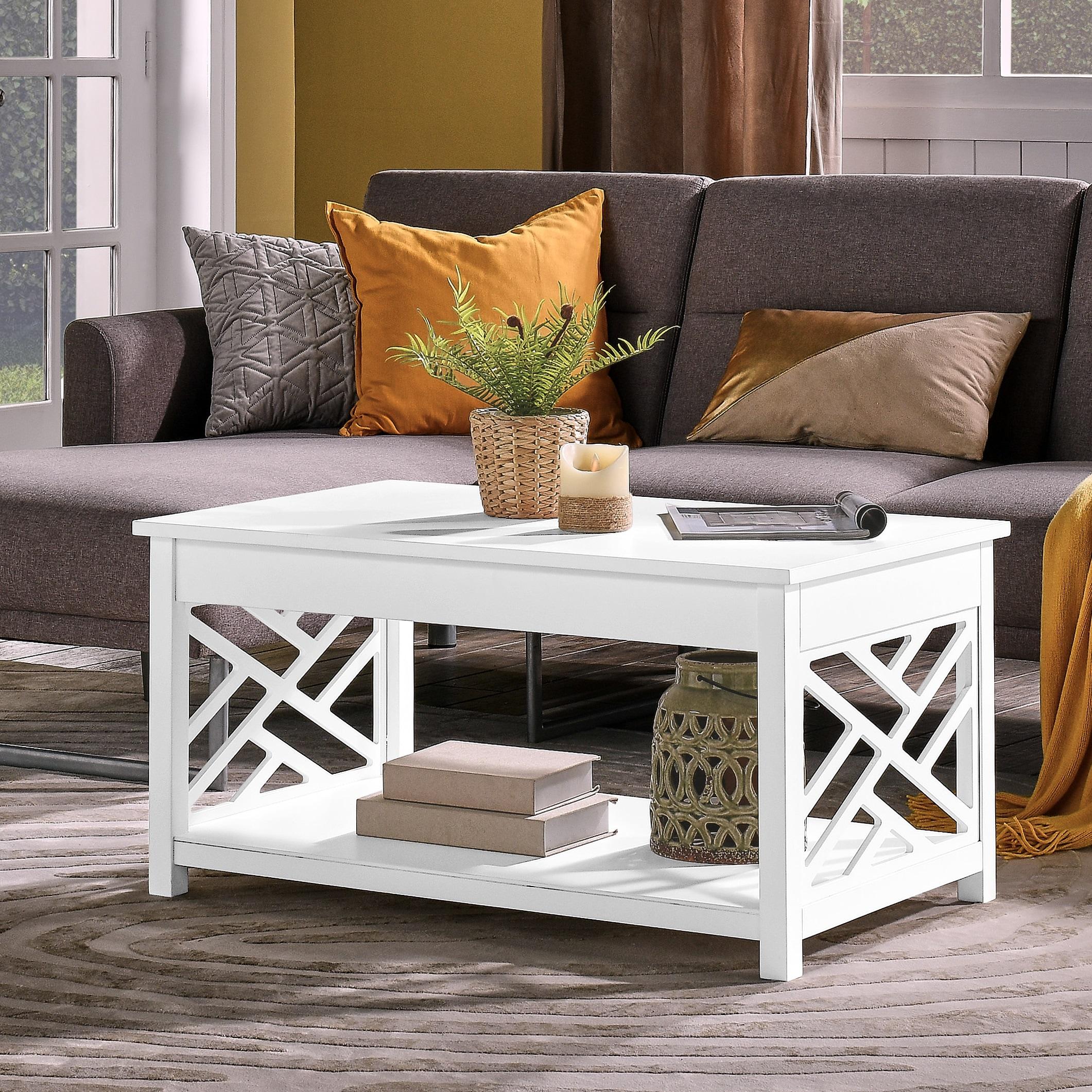 Alaterre Furniture Coventry 36 in. Solid Pine Wood Coffee Table, Traditional to Modern Design, Open-Detailing Accent Furniture, White