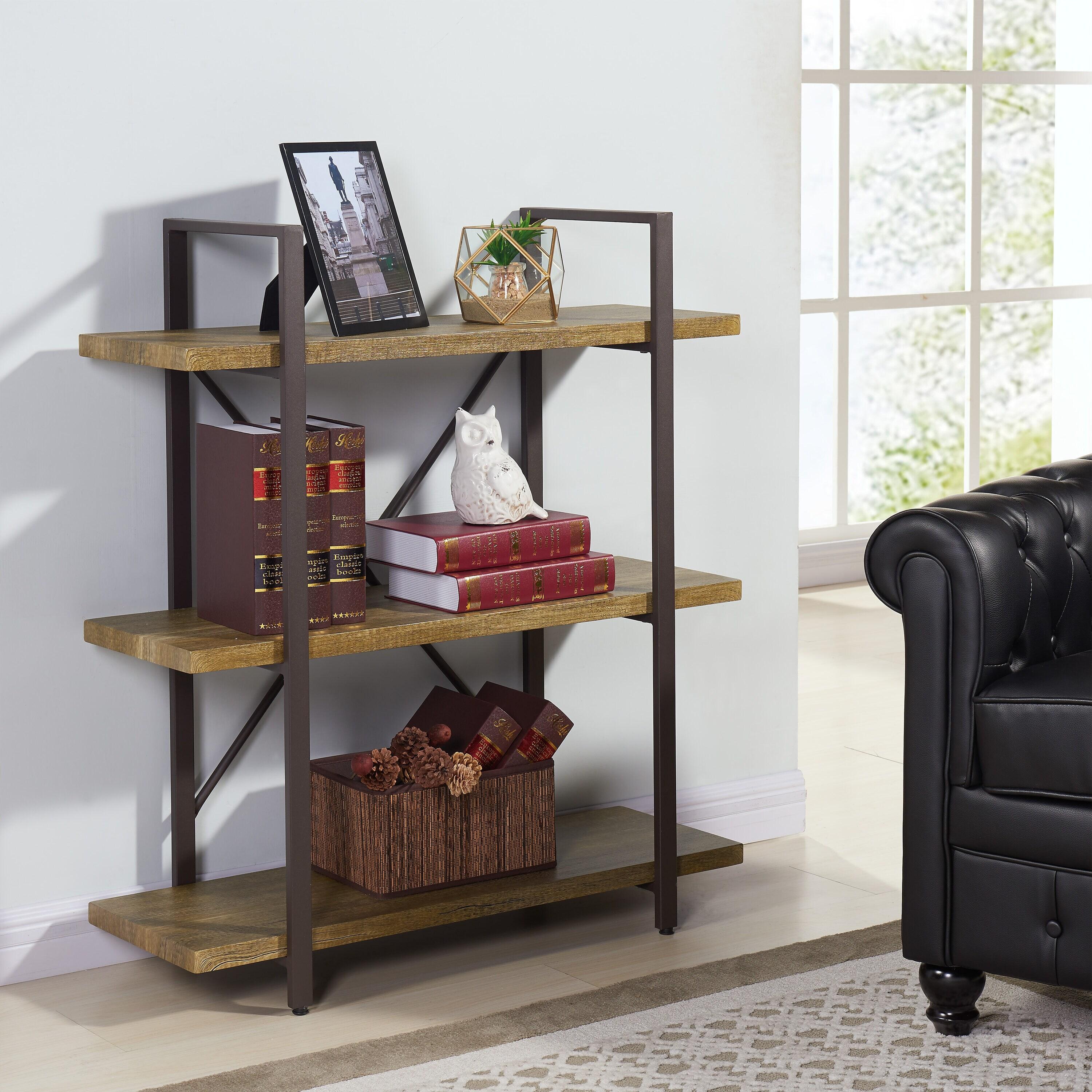 Danya B. 35.5" x 40" Three Level Rustic Shelving Unit: Laminated Storage, Metal Frame, Open Back Design