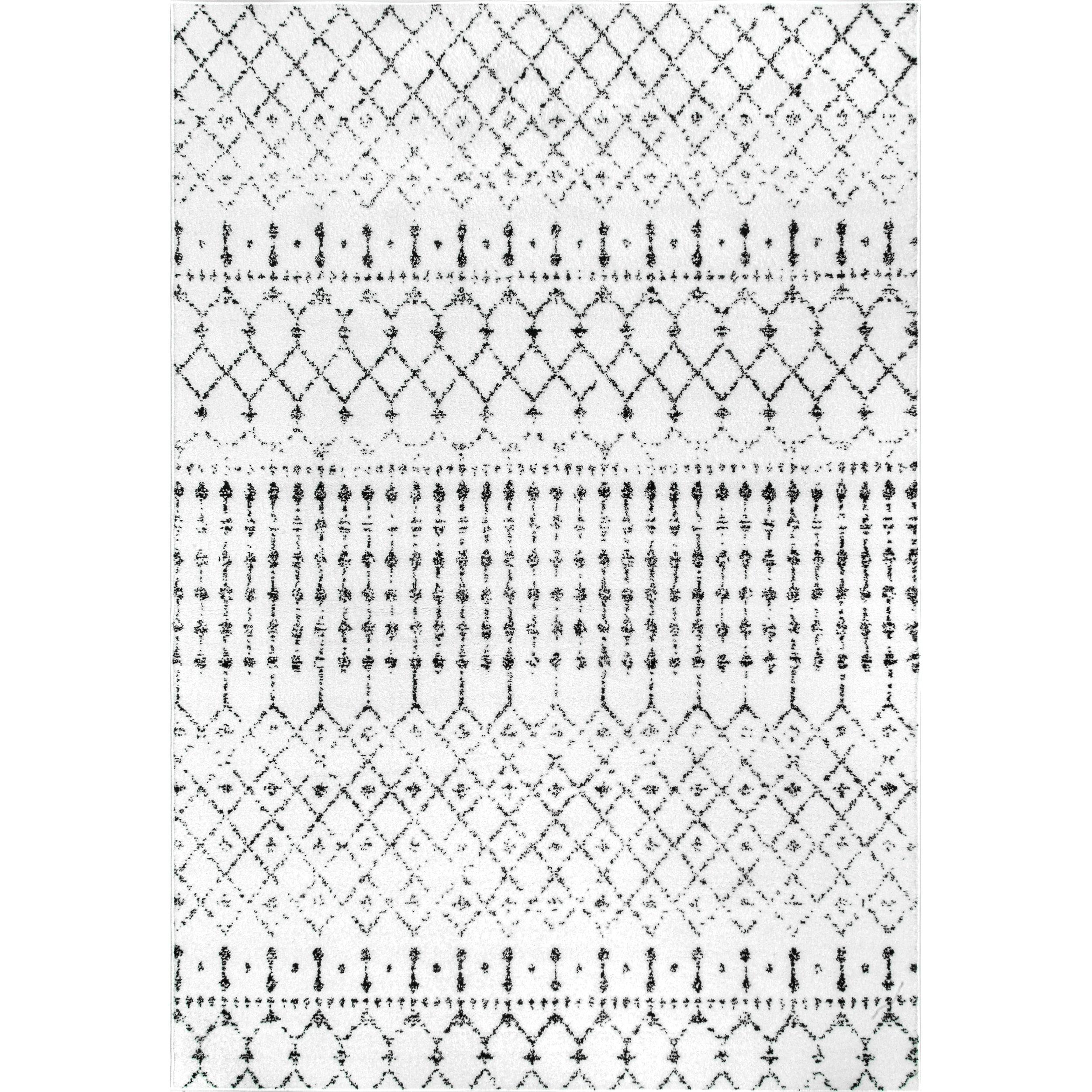 nuLOOM 6' 7" x 9' Moroccan Blythe Area Rug, White and Black, Faded Bohemian Design, Stain Resistant, For Bedroom, Dining Room, Living Room, Hallway, Office, Kitchen, Entryway