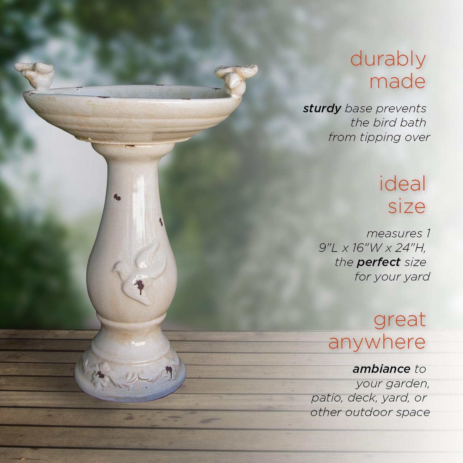 24" Antique Ceramic Birdbath With Birds - Brown - Alpine Corporation: Weather-Resistant, Freestanding Design