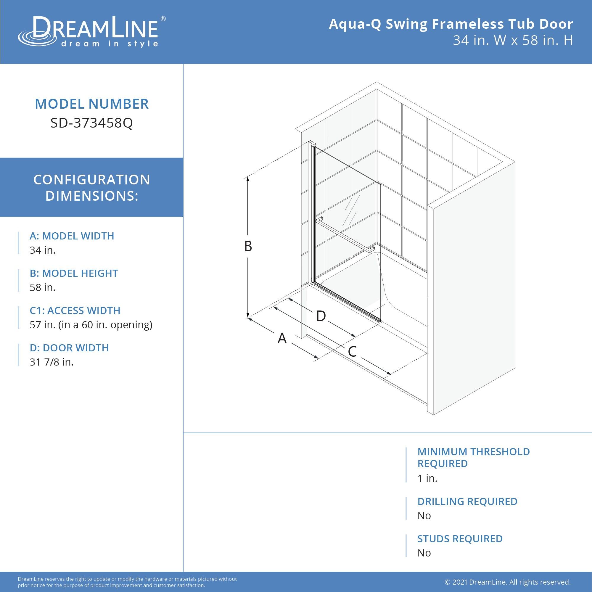 Aqua-Q Swing 58" H Frameless Tub Door