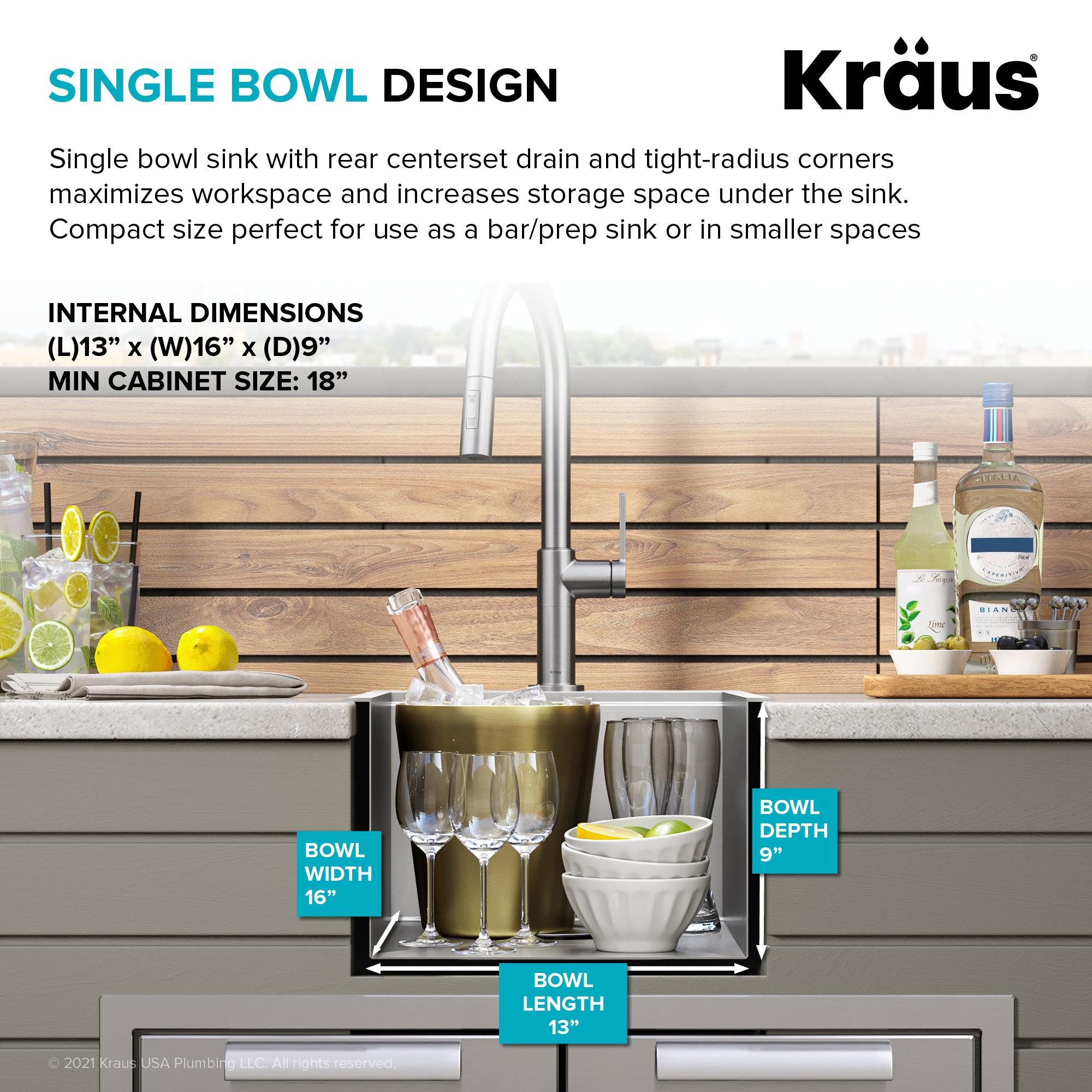 KRAUS Kore™ 15" L Outdoor Workstation Drop-In 16 Gauge Marine Grade T-316 Stainless Steel Single Bowl Kitchen Bar Sink