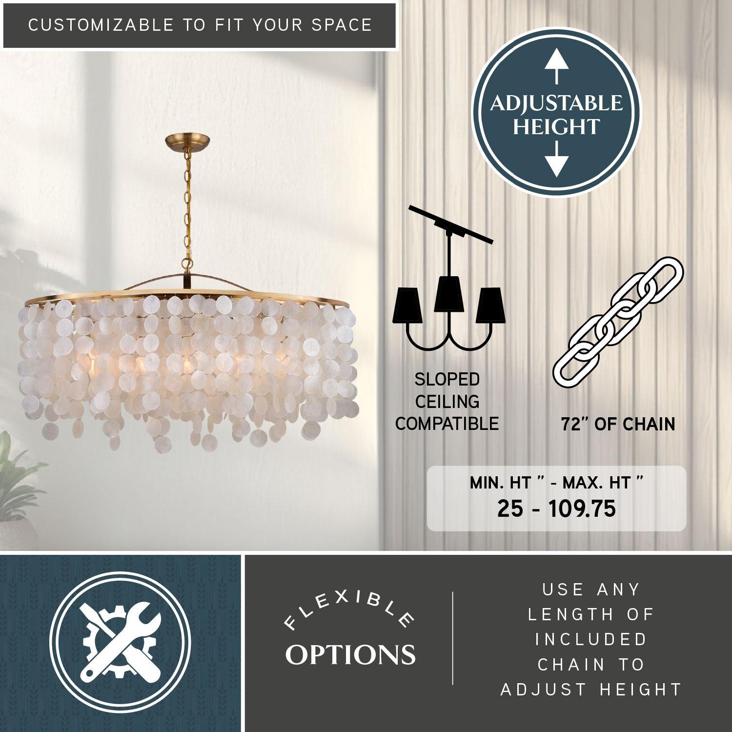VAXCEL Elsa 5 Light Gold Brass Modern Coastal Glam Linear Chandelier Island Pendant Fixture with Capiz Shell
