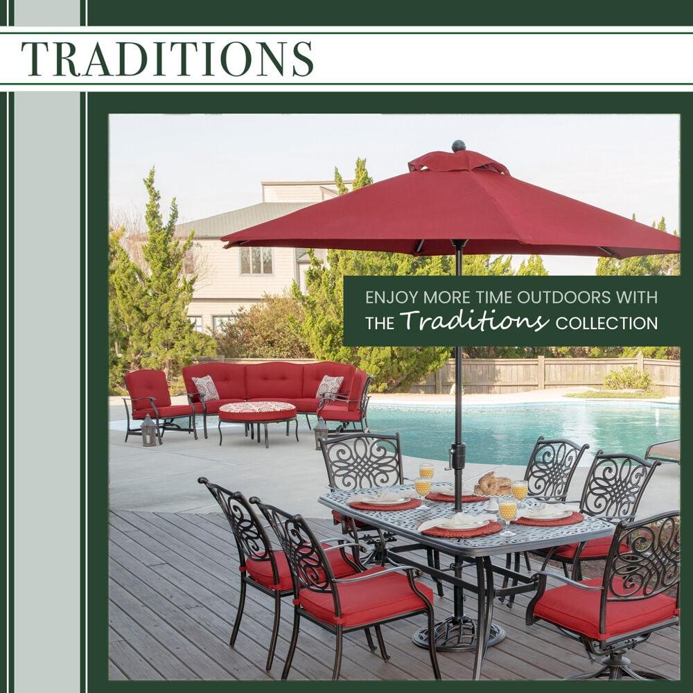 Hanover Traditions 7-Piece Outdoor Furniture Patio Dining Set, 6 Cushioned Wicker Back Cast Aluminum Swivel Rocker Chairs and 38"x72"Cast Table, Brush