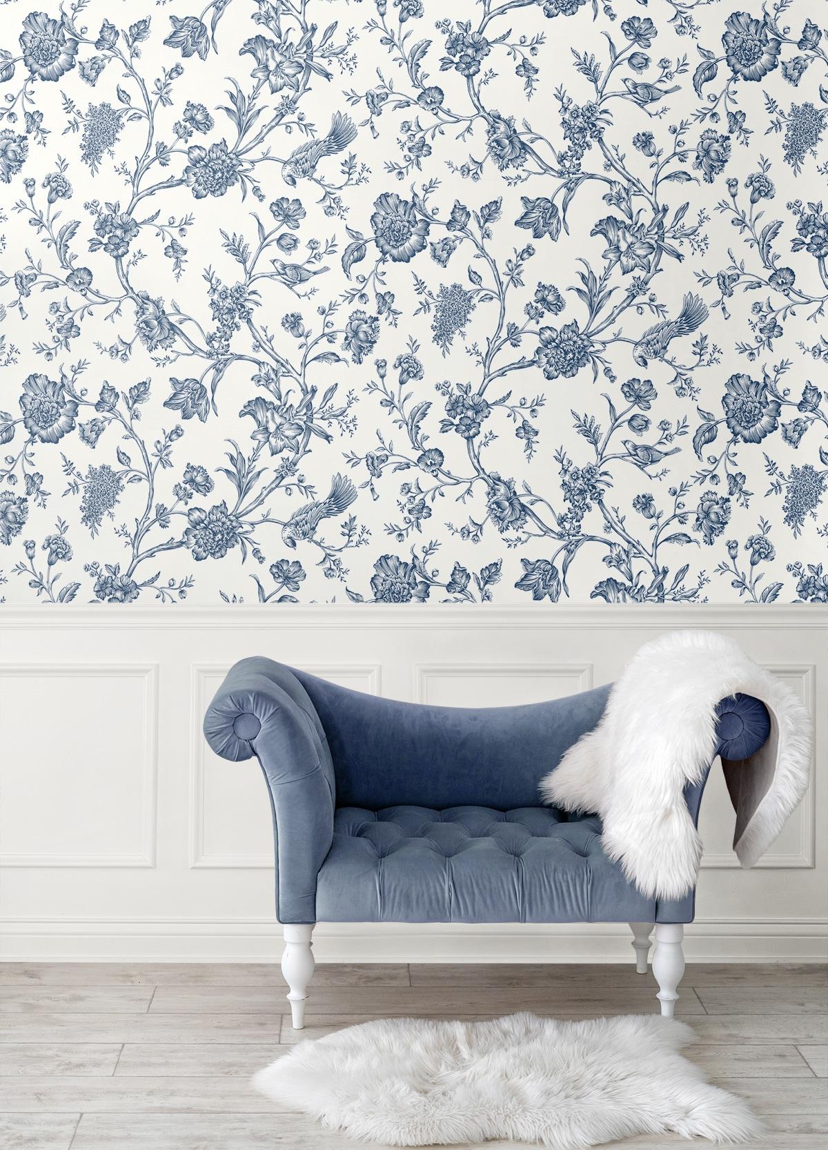 NextWall Navy Blue Jasmine Chinoiserie Peel and Stick Wallpaper
