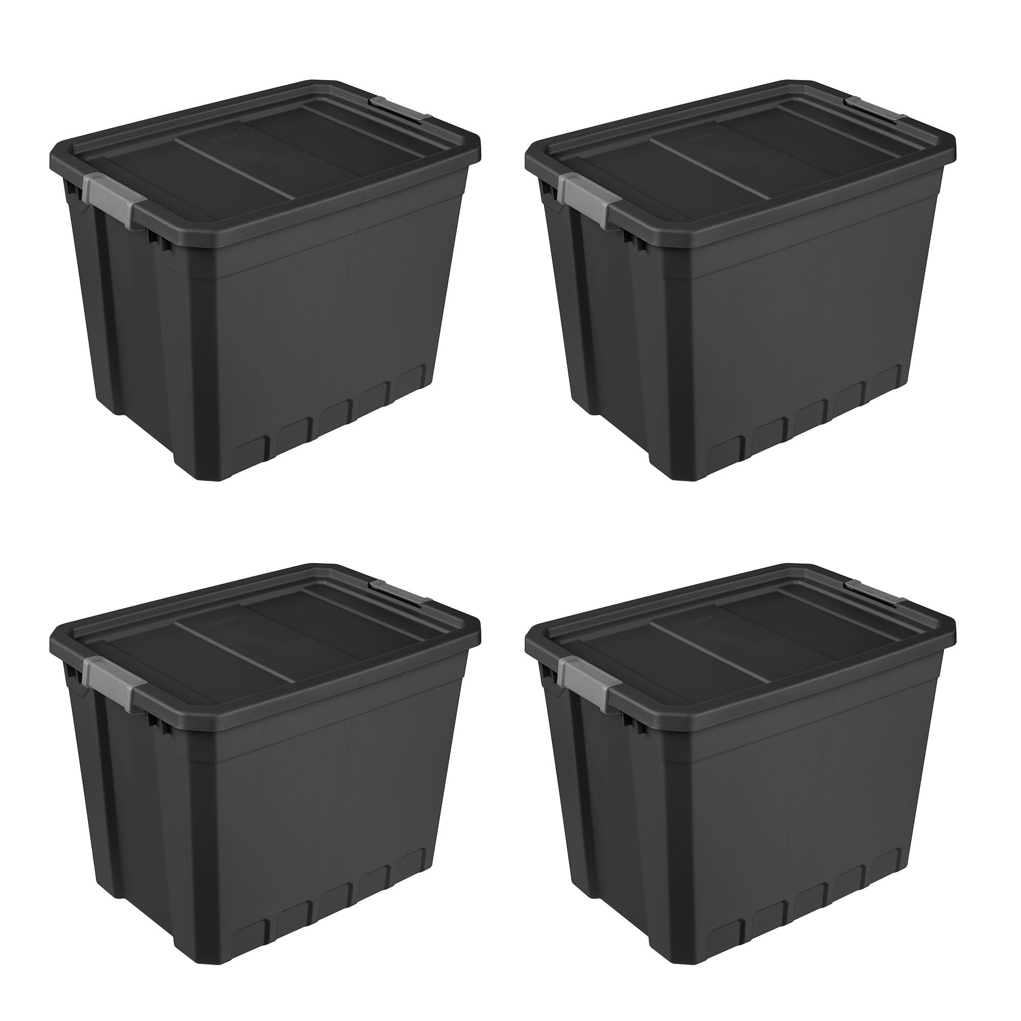 Sterilite 27 Gallon Plastic Stacker Tote, Heavy Duty Lidded Storage Bin Container for Stackable Garage and Basement Organization, Black, 4-Pack