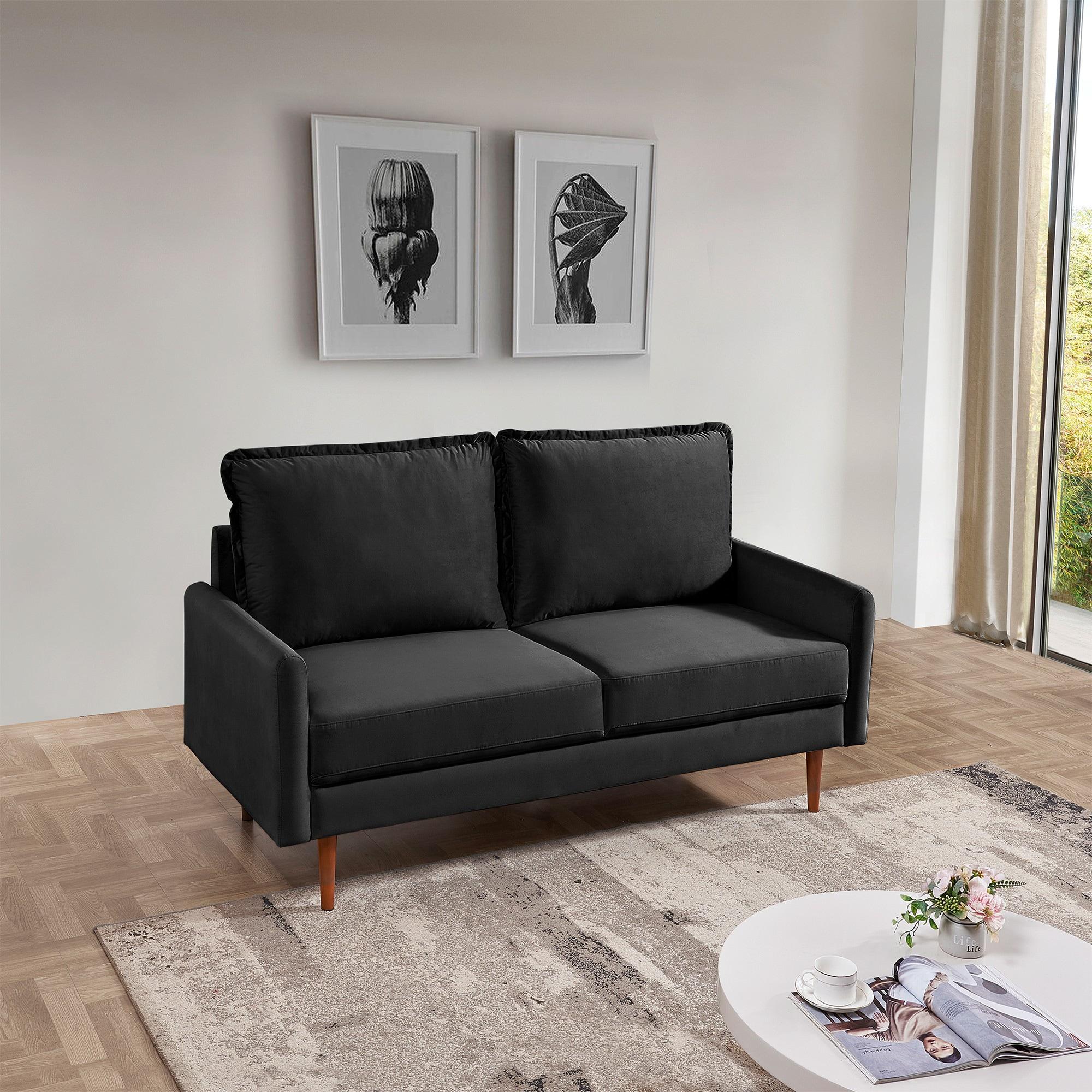 57 Inch Wide Upholstered Two Cushion Loveseat with Cambered Arms in Black Velvet