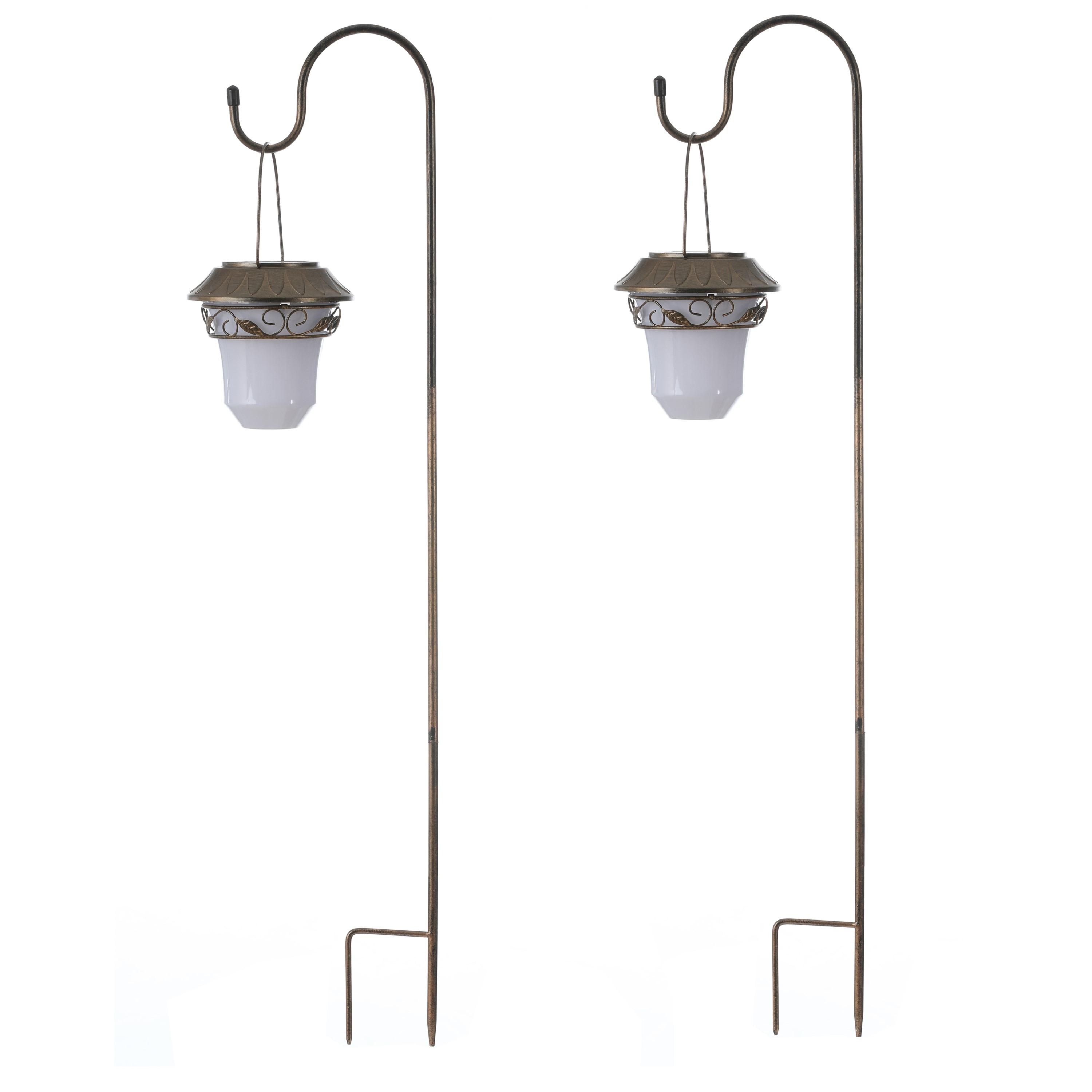 Brown Matte Solar LED Pathway Lanterns with Shepherd Hooks, Set of 2