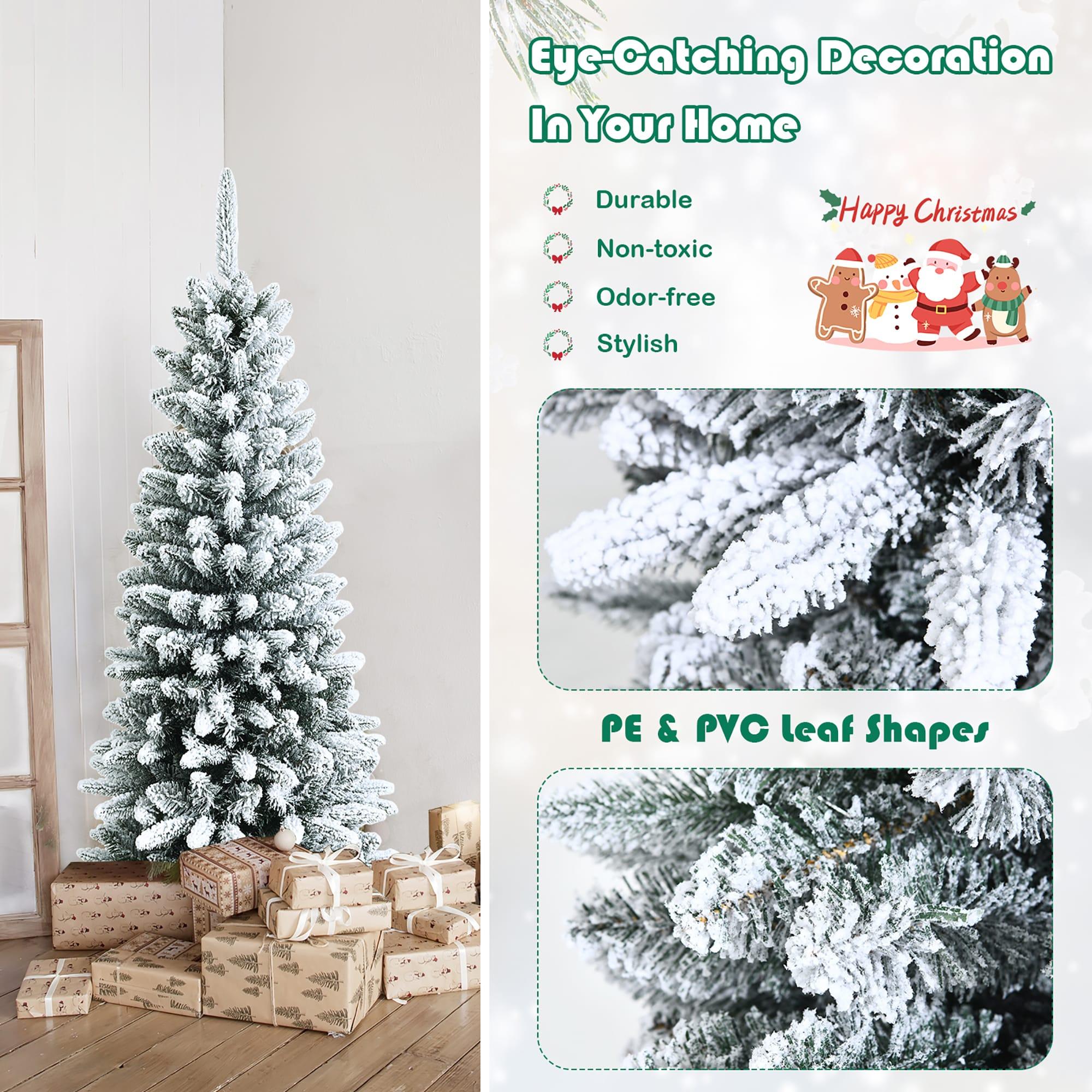 Spaco Snow-Flocked Hinged Artificial Christmas Pencil Tree with Mixed Tips, 4.5 Ft Artificial Christmas Pencil Tree, Artificial Christmas Tree for Indoor and Outdoor as Living Room, Garden, White